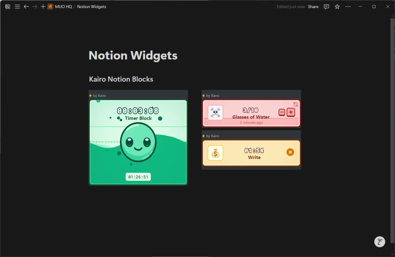 Giao diện Kairo Notion Blocks hiển thị các tùy chọn tạo widget tùy chỉnh như đồng hồ đếm ngược, theo dõi thói quen, và thanh tiến độ trên Notion