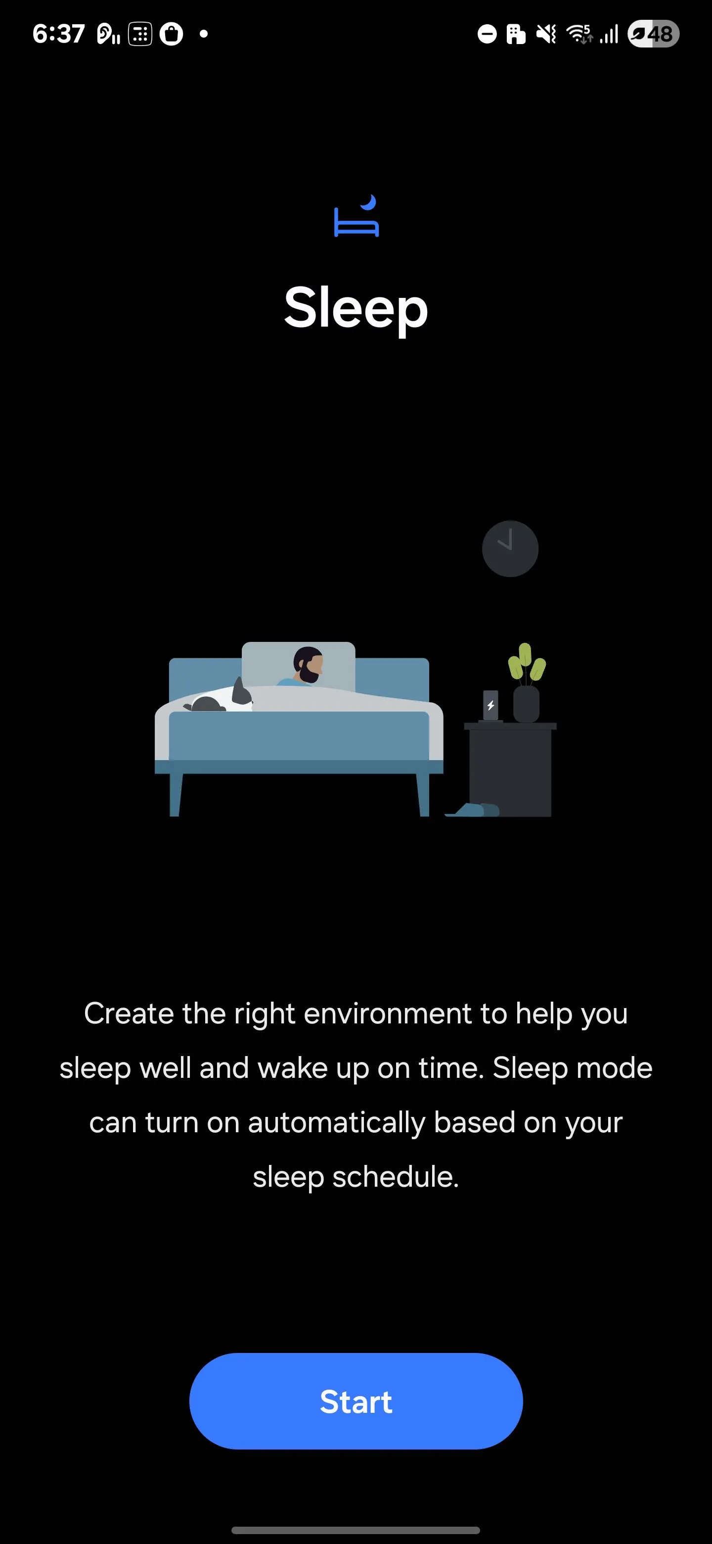 Giao diện kích hoạt Chế độ Giờ đi ngủ (Bedtime Mode) trên điện thoại Samsung để quản lý thời gian trước khi ngủ.
