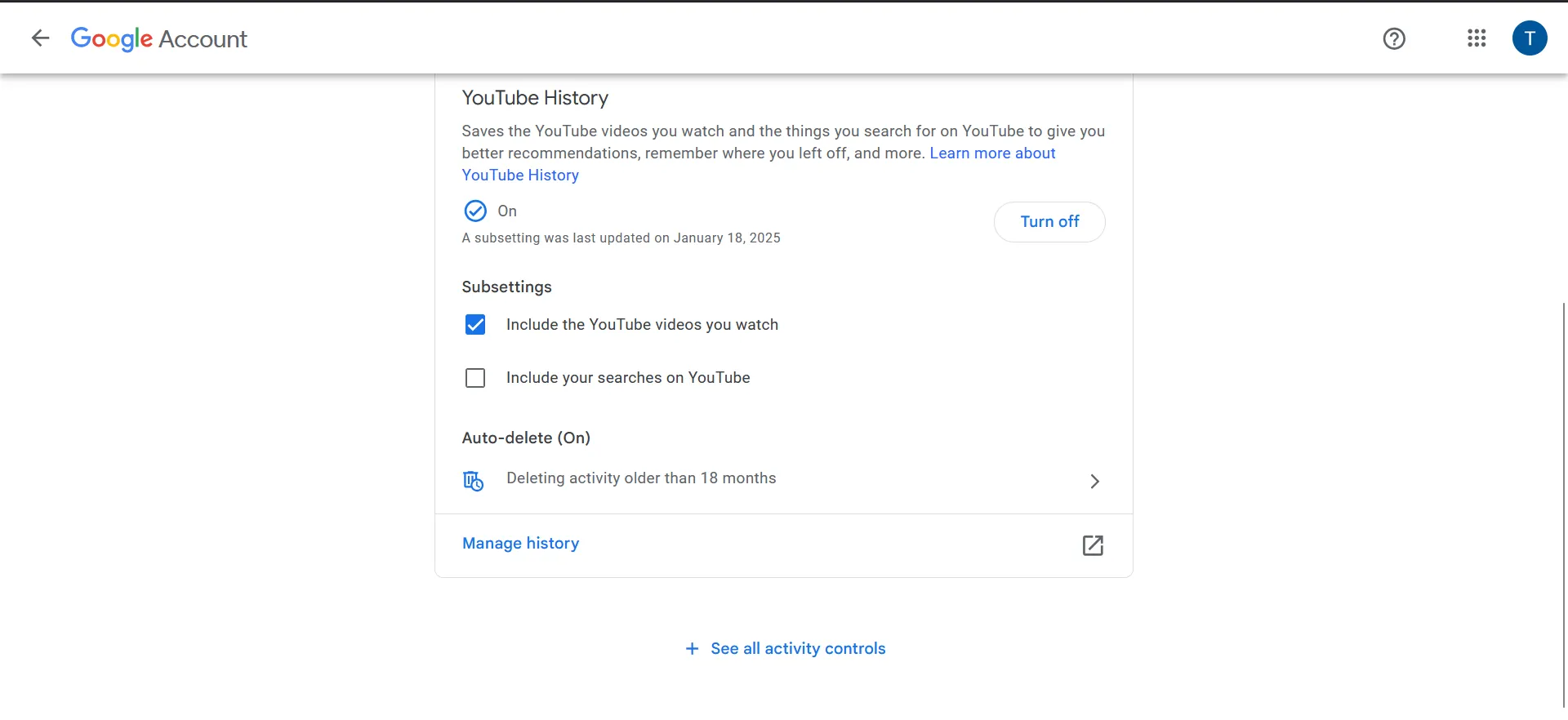 Giao diện kiểm soát lịch sử xem và tìm kiếm trên YouTube