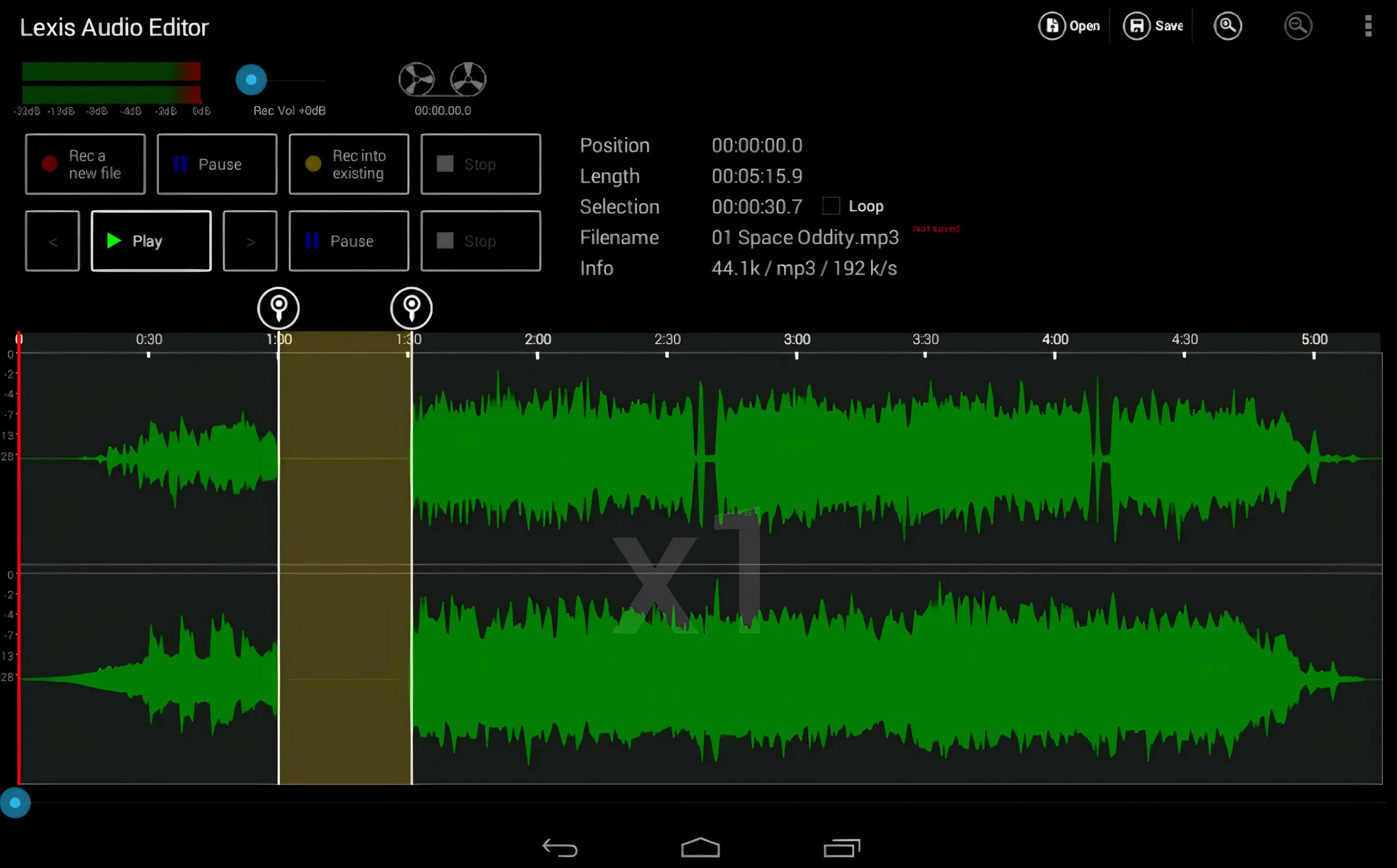 Giao diện Lexis Audio Editor trên Android với biểu đồ sóng âm và các tùy chọn chỉnh sửa