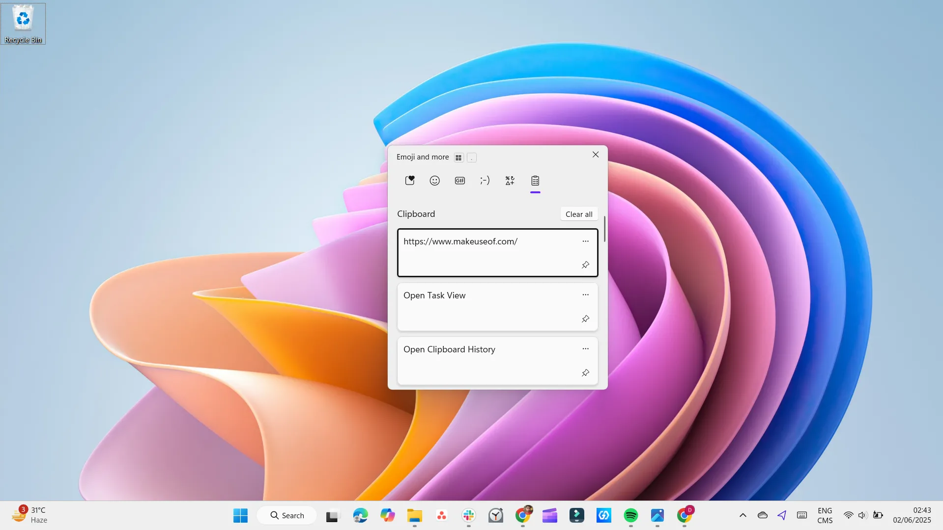 Giao diện lịch sử Clipboard Windows với các mục đã sao chép