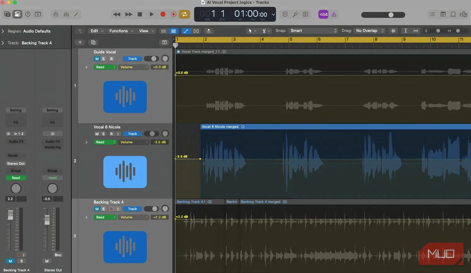 Giao diện Logic Pro 11 với các track âm thanh hiển thị rõ ràng, nơi xử lý vocal và phối khí.