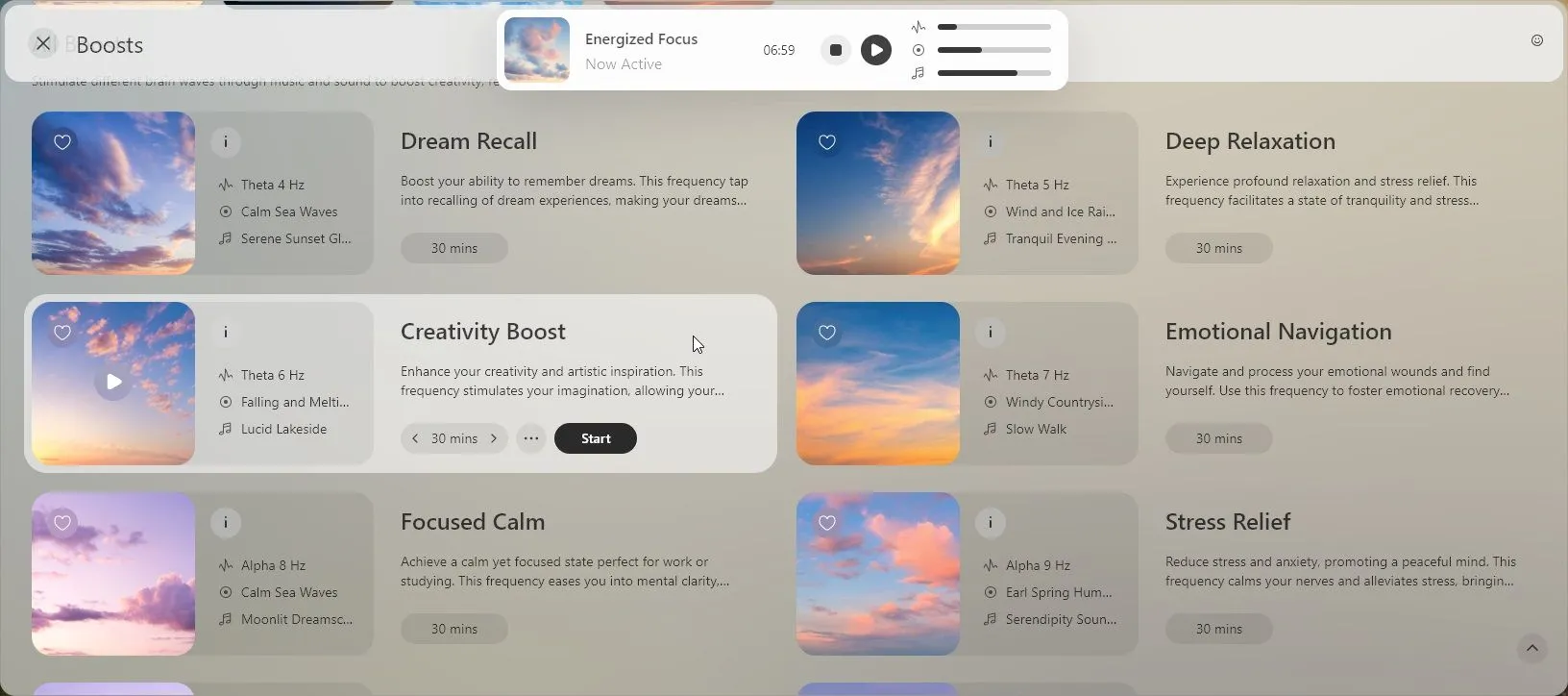Giao diện lựa chọn các chế độ âm thanh Binaural Boosts trong trình duyệt Opera Air