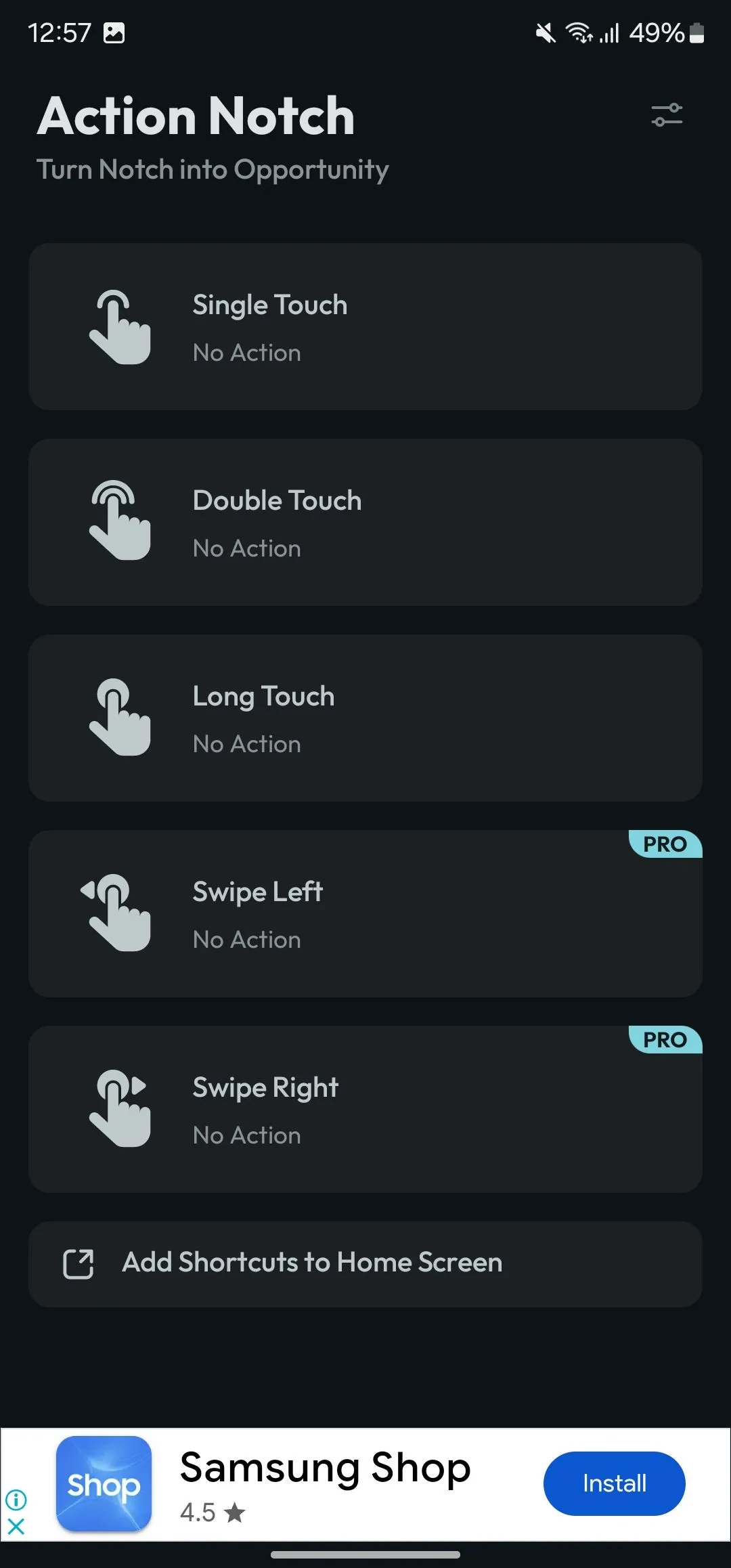 Giao diện lựa chọn cử chỉ trong Action Notch với các tùy chọn chạm đơn, chạm đôi.