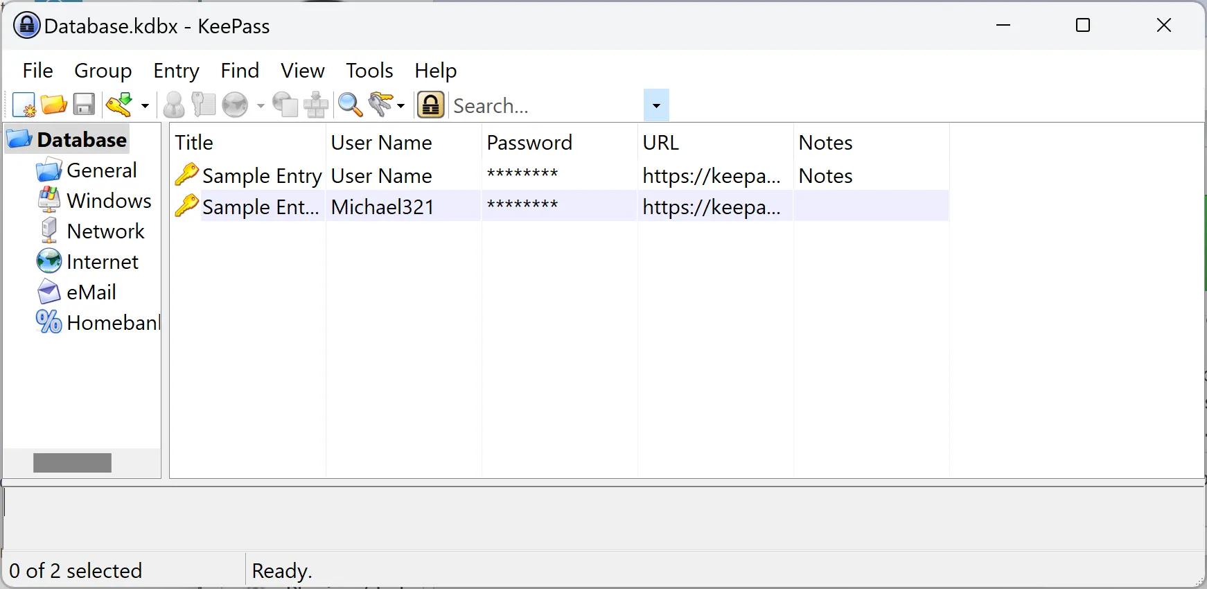 Giao diện lưu trữ và quản lý mật khẩu trong cơ sở dữ liệu KeePass mẫu