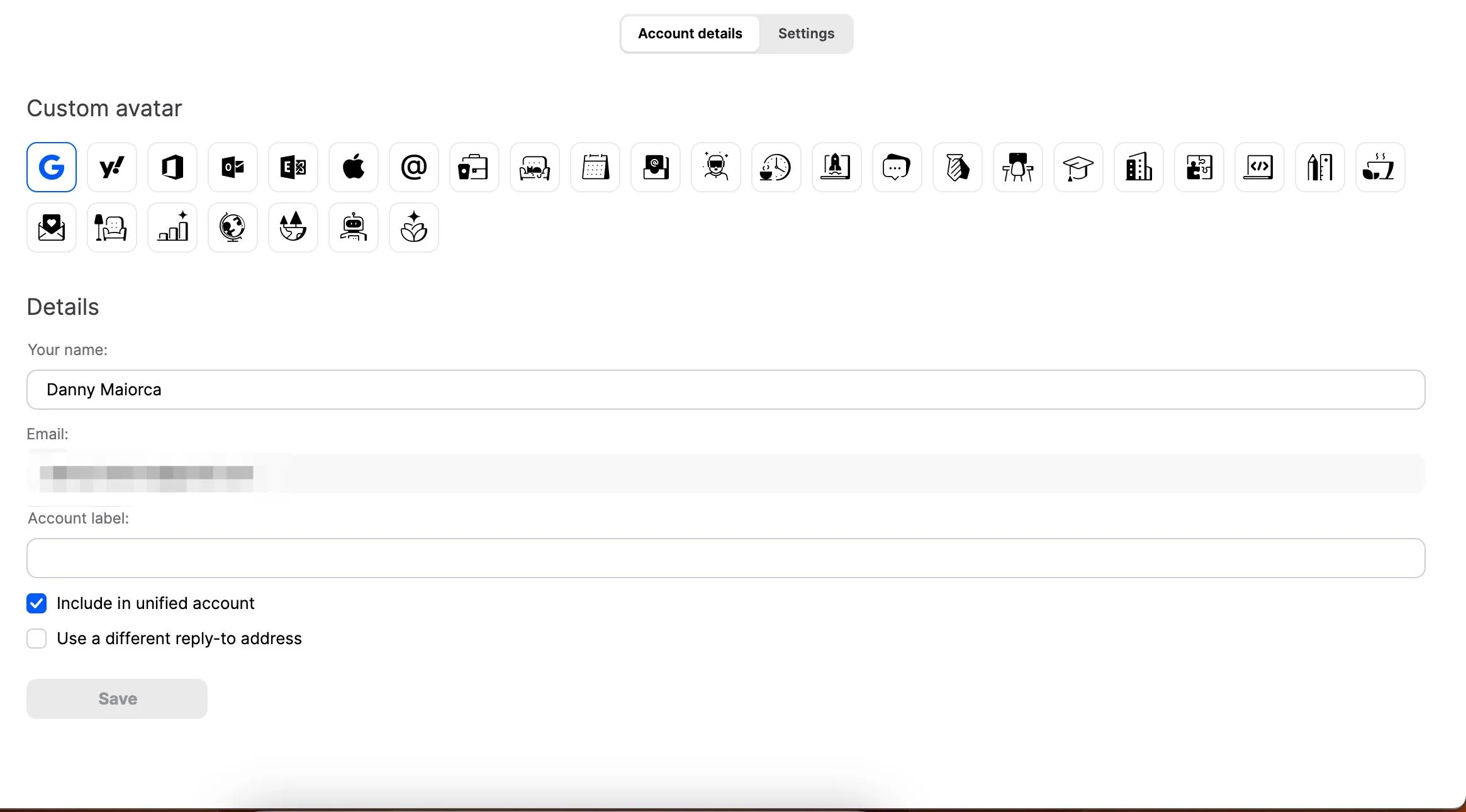 Giao diện Mailbird hướng dẫn tạo avatar tùy chỉnh cho tài khoản email.