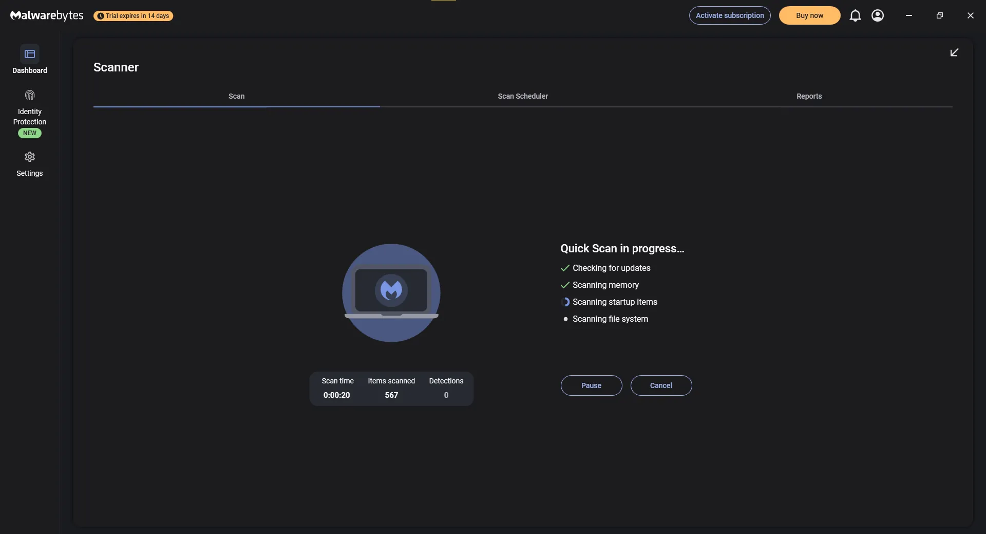 Giao diện Malwarebytes đang thực hiện quét nhanh hệ thống để tìm và loại bỏ các phần mềm độc hại.