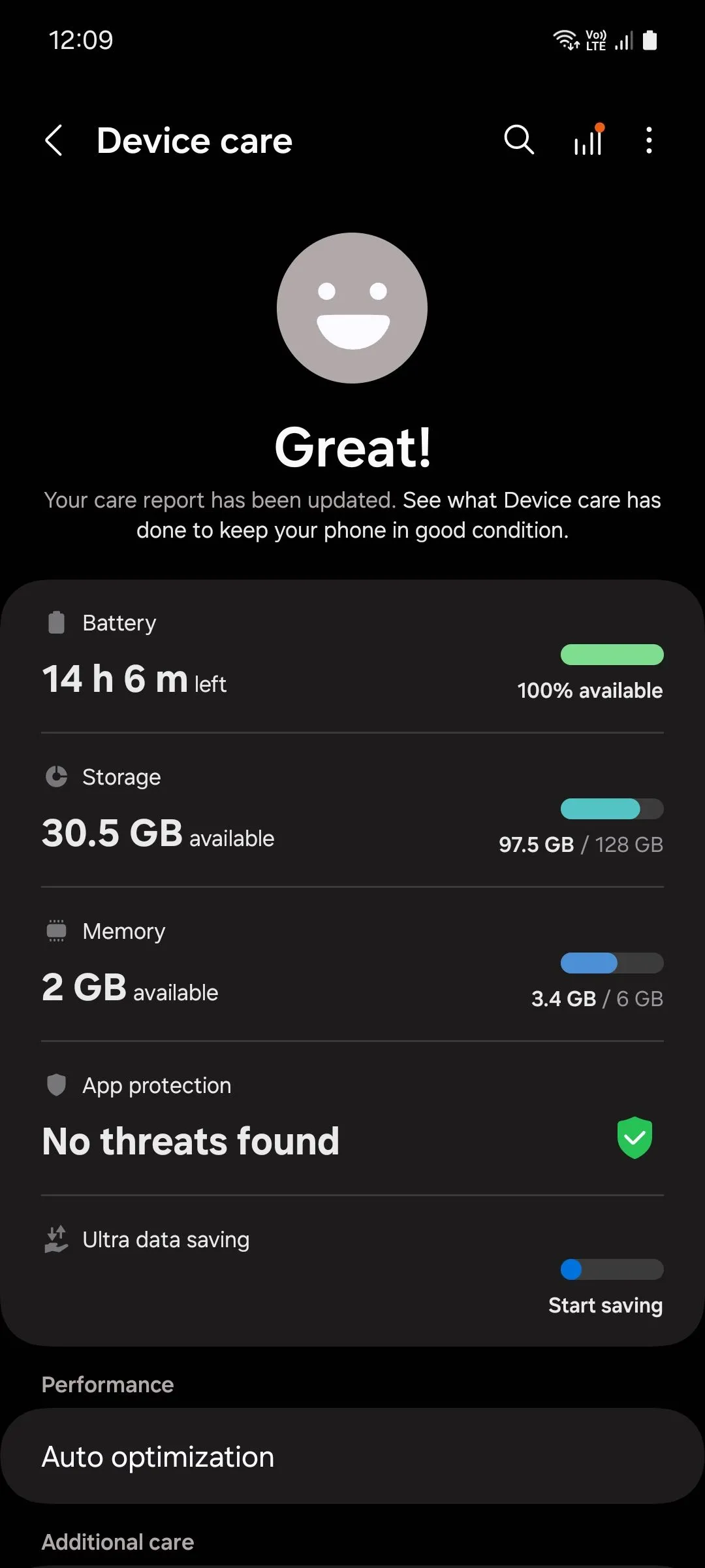 Giao diện menu Chăm sóc thiết bị trên điện thoại Samsung để giải phóng RAM