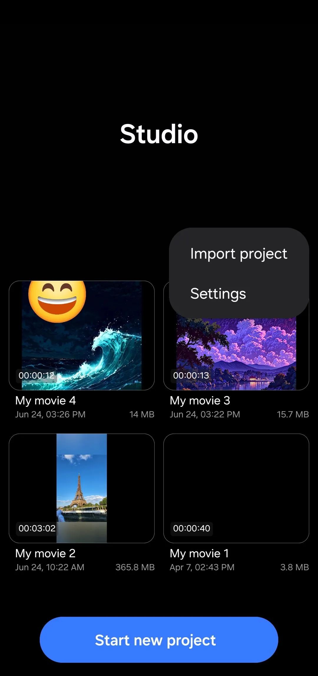 Giao diện menu Samsung Studio trên điện thoại Samsung Galaxy