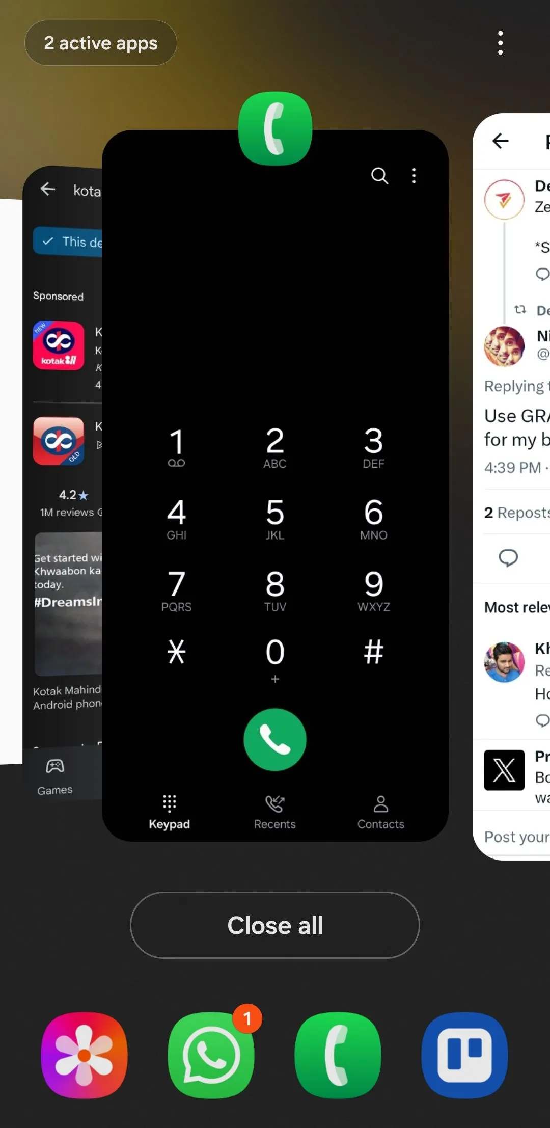 Giao diện menu ứng dụng gần đây trên điện thoại Android, nơi người dùng có thể chọn ghim ứng dụng để giới hạn truy cập