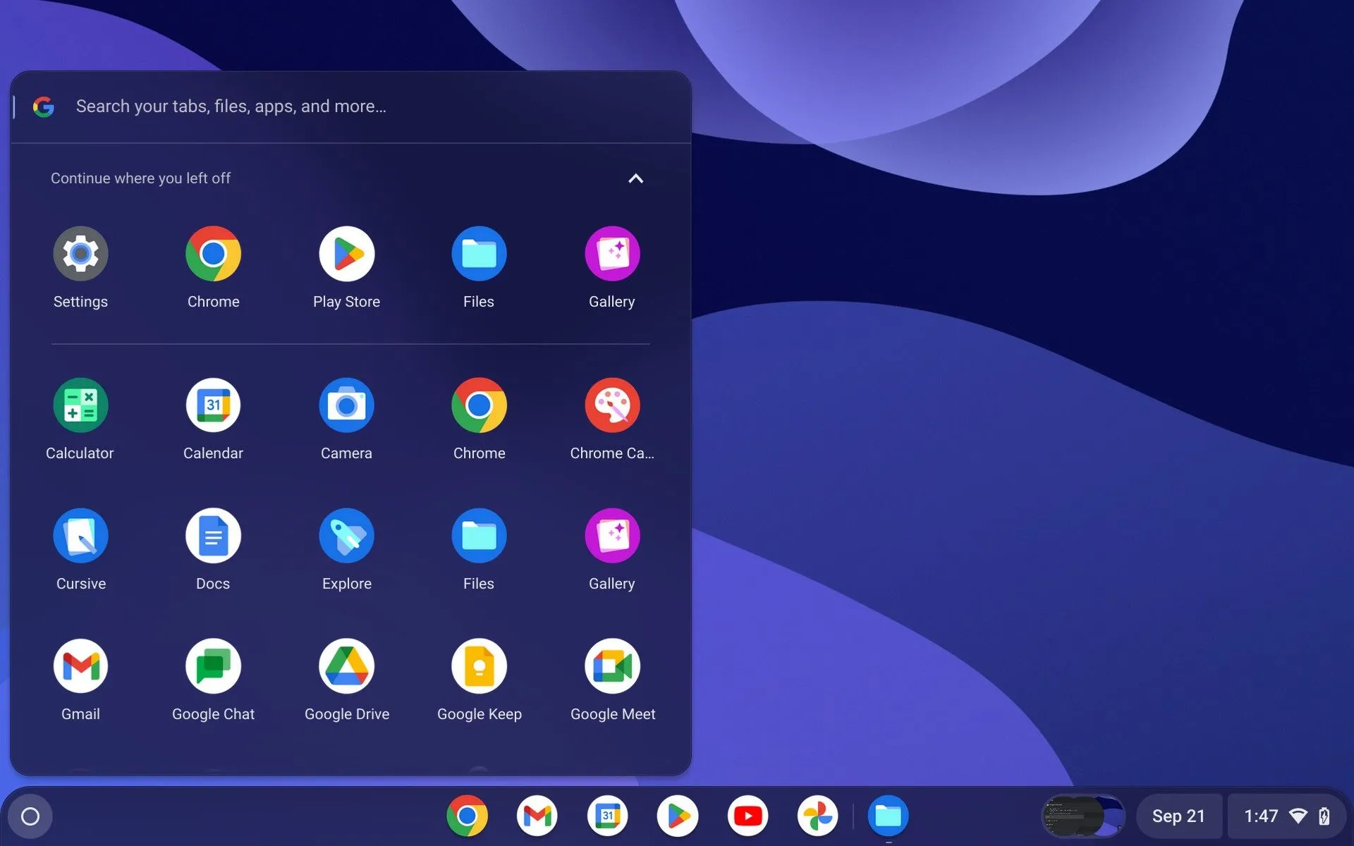 Giao diện menu ứng dụng trên Chromebook, thể hiện khả năng tùy chỉnh màn hình chính và truy cập nhanh ứng dụng