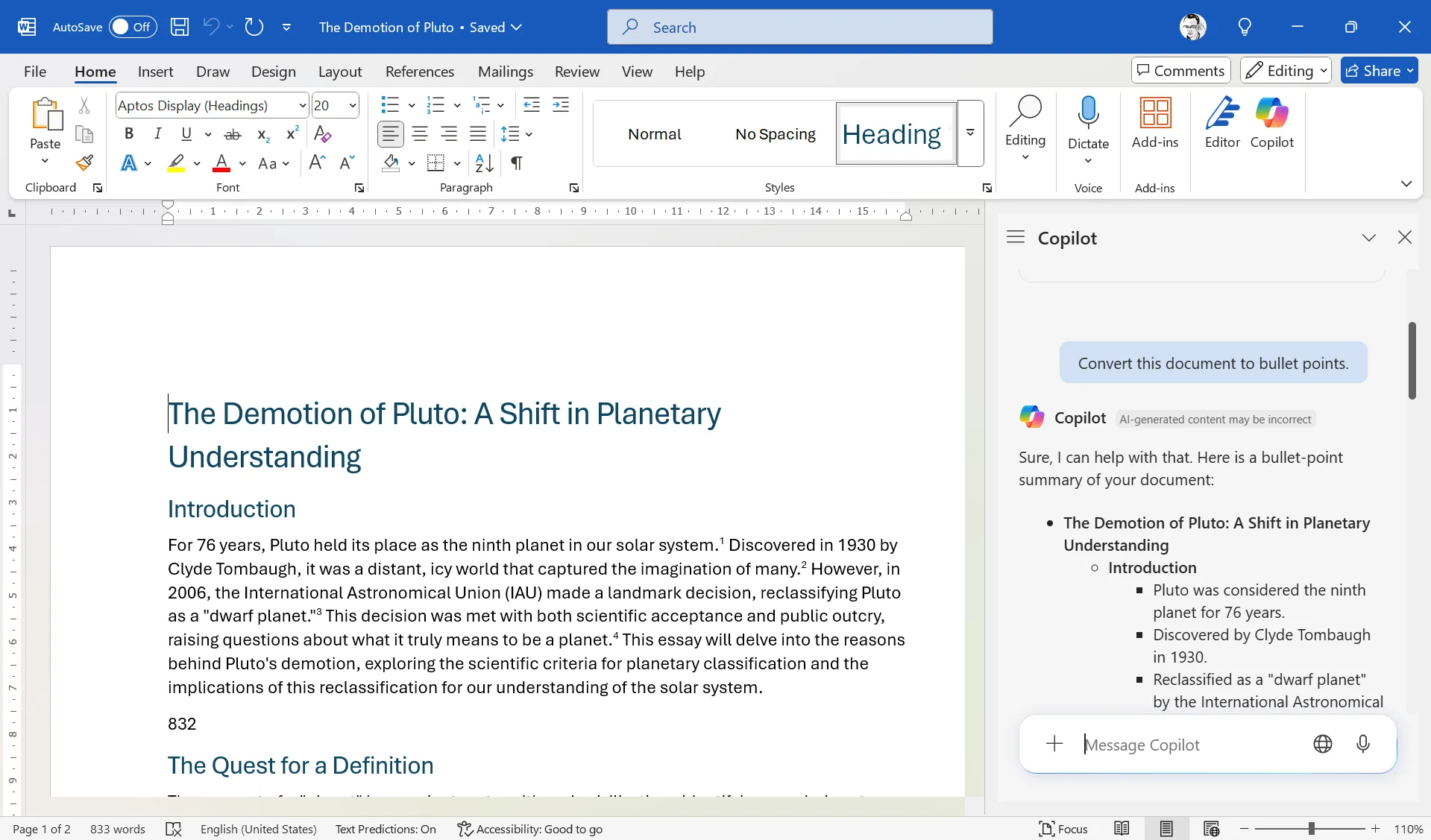 Giao diện Microsoft Copilot trong Word hiển thị văn bản được chuyển đổi thành danh sách gạch đầu dòng
