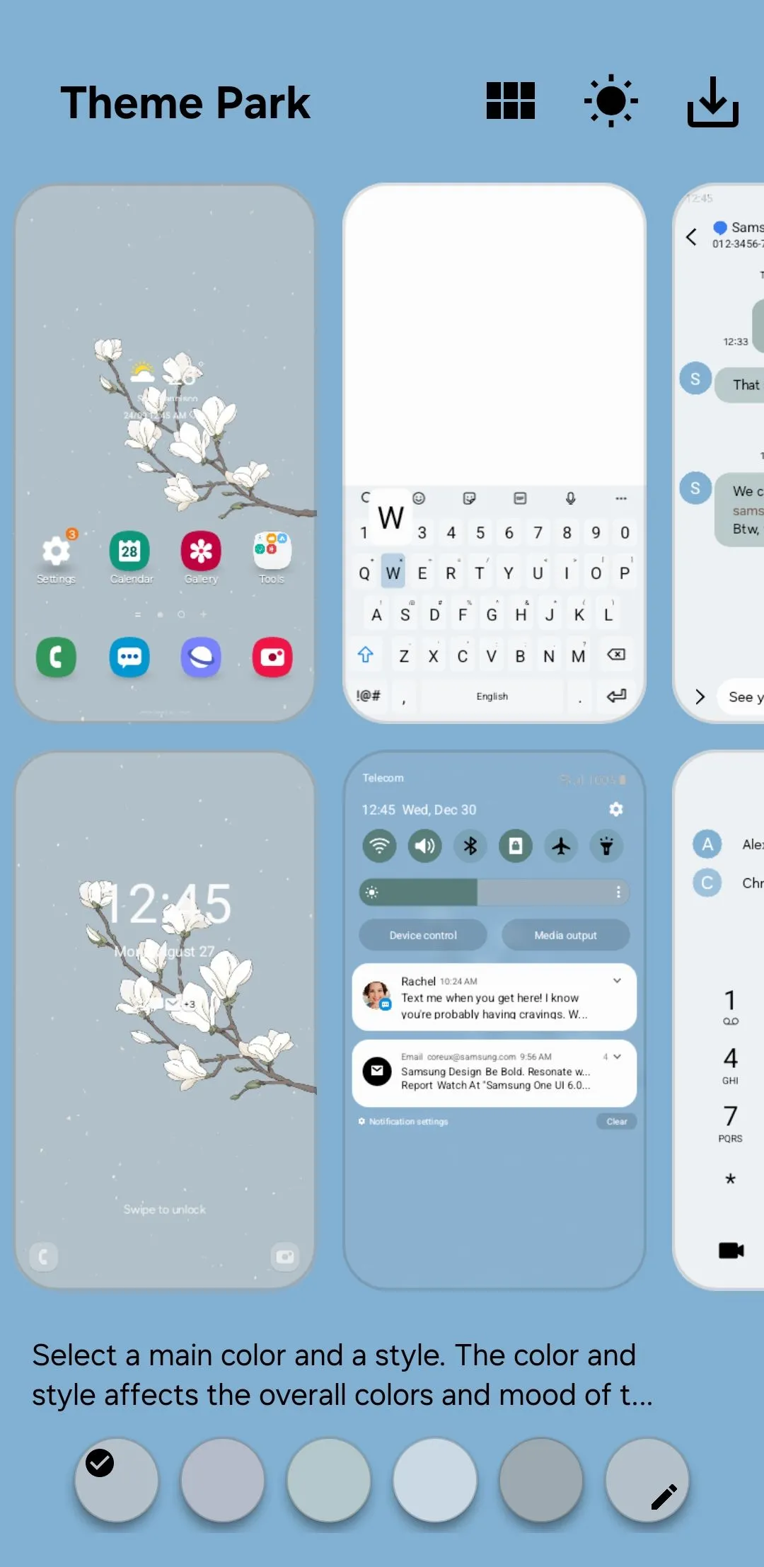 Giao diện module Theme Park trên điện thoại Samsung cho phép tùy chỉnh chủ đề