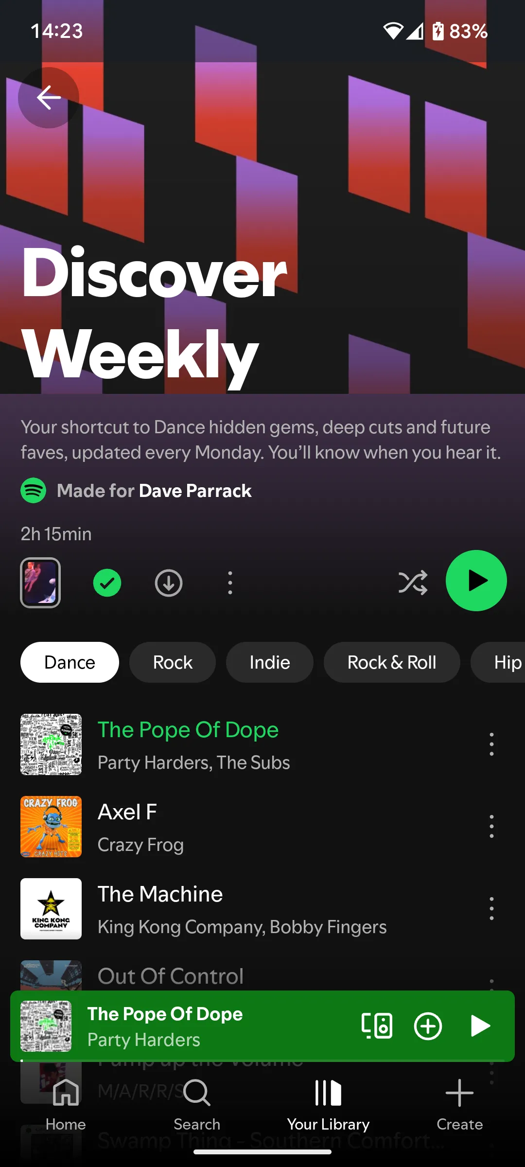 Giao diện mới của Discover Weekly trên Spotify hiển thị tùy chọn lọc nhạc theo 5 thể loại khác nhau