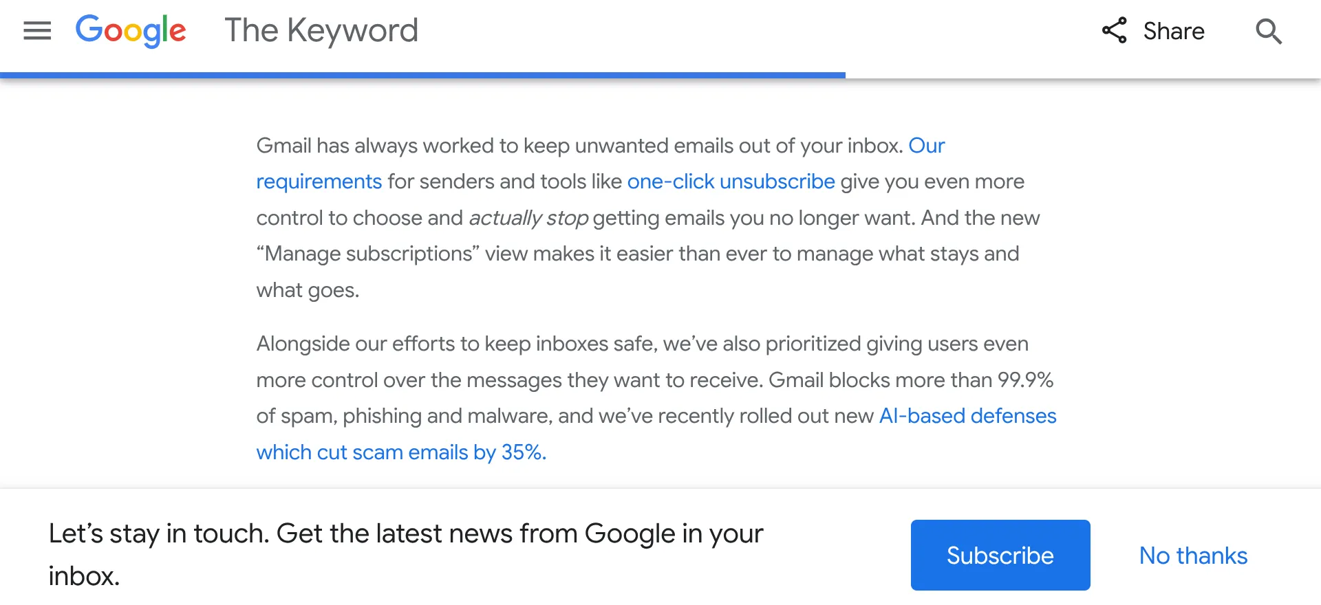 Giao diện mời đăng ký nhận bản tin từ Google The Keyword trong bài viết về quản lý email
