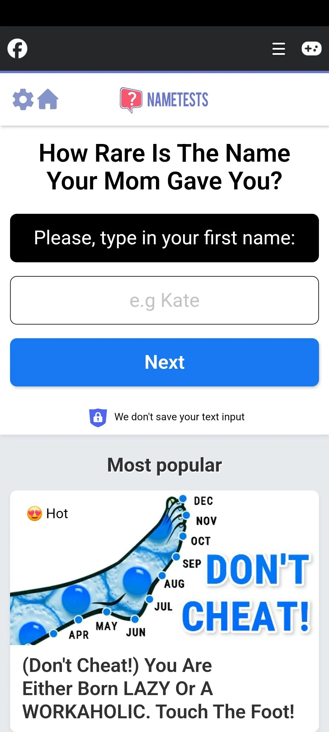 Giao diện một bài kiểm tra &quot;nametest&quot; trên Facebook