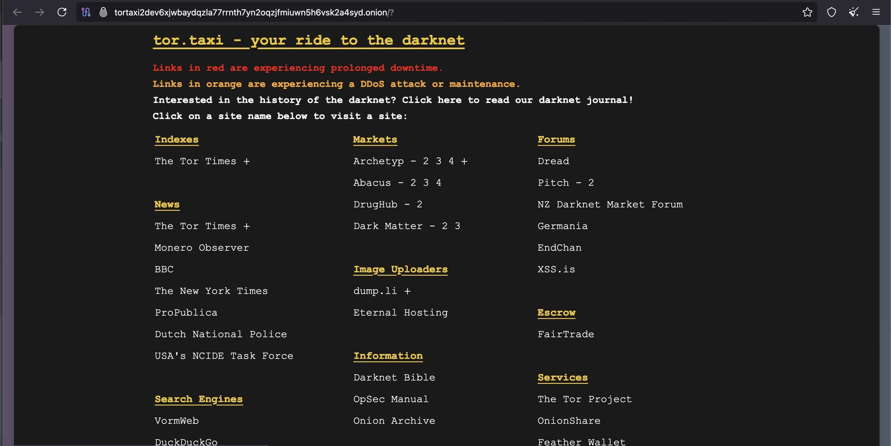 Giao diện một trang web .onion với địa chỉ tor.taxi trên Dark Web.