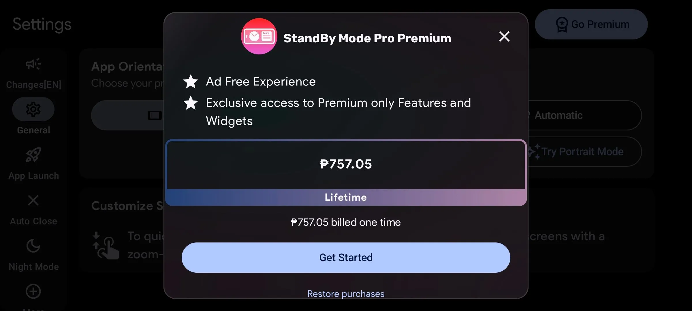 Giao diện nâng cấp gói Premium trọn đời của ứng dụng StandBy Mode Pro, giúp biến Android thành màn hình chờ kiểu iPhone.
