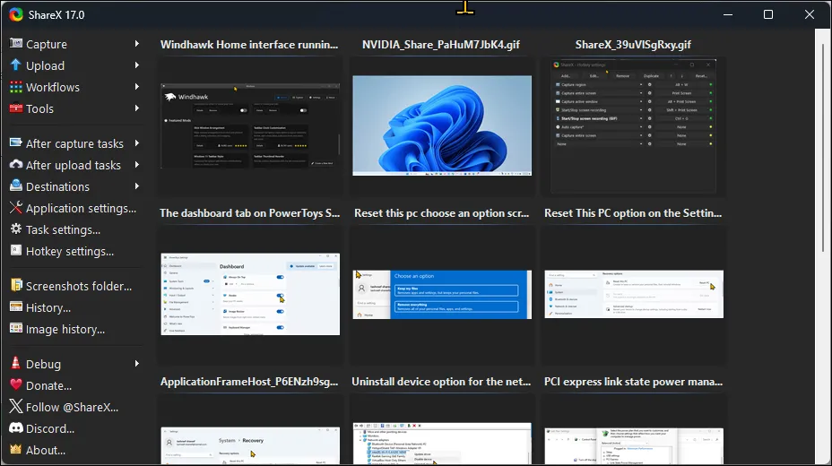 Giao diện người dùng của ShareX trên Windows 11, hiển thị các tùy chọn chụp và ghi màn hình nâng cao.