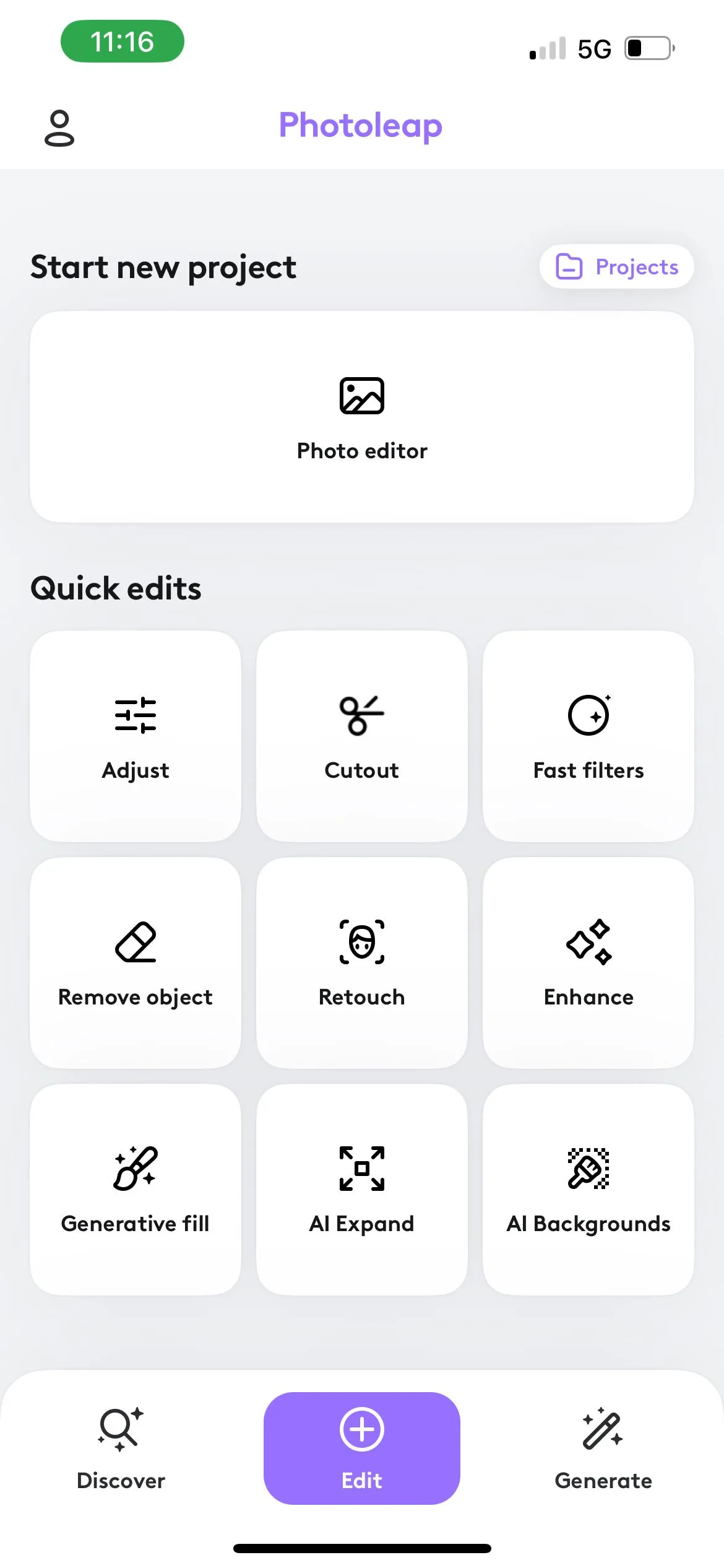 Giao diện người dùng phần chỉnh sửa ảnh (Edit) trong ứng dụng Photoleap trên điện thoại.