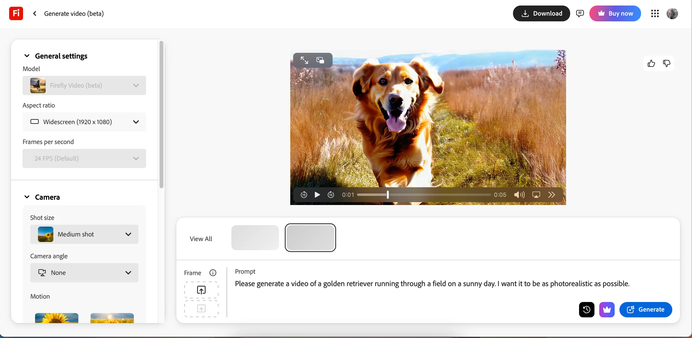 Giao diện nhập câu lệnh (prompt) và tùy chỉnh video trong ứng dụng Adobe Firefly, cho phép chọn góc máy và chuyển động.