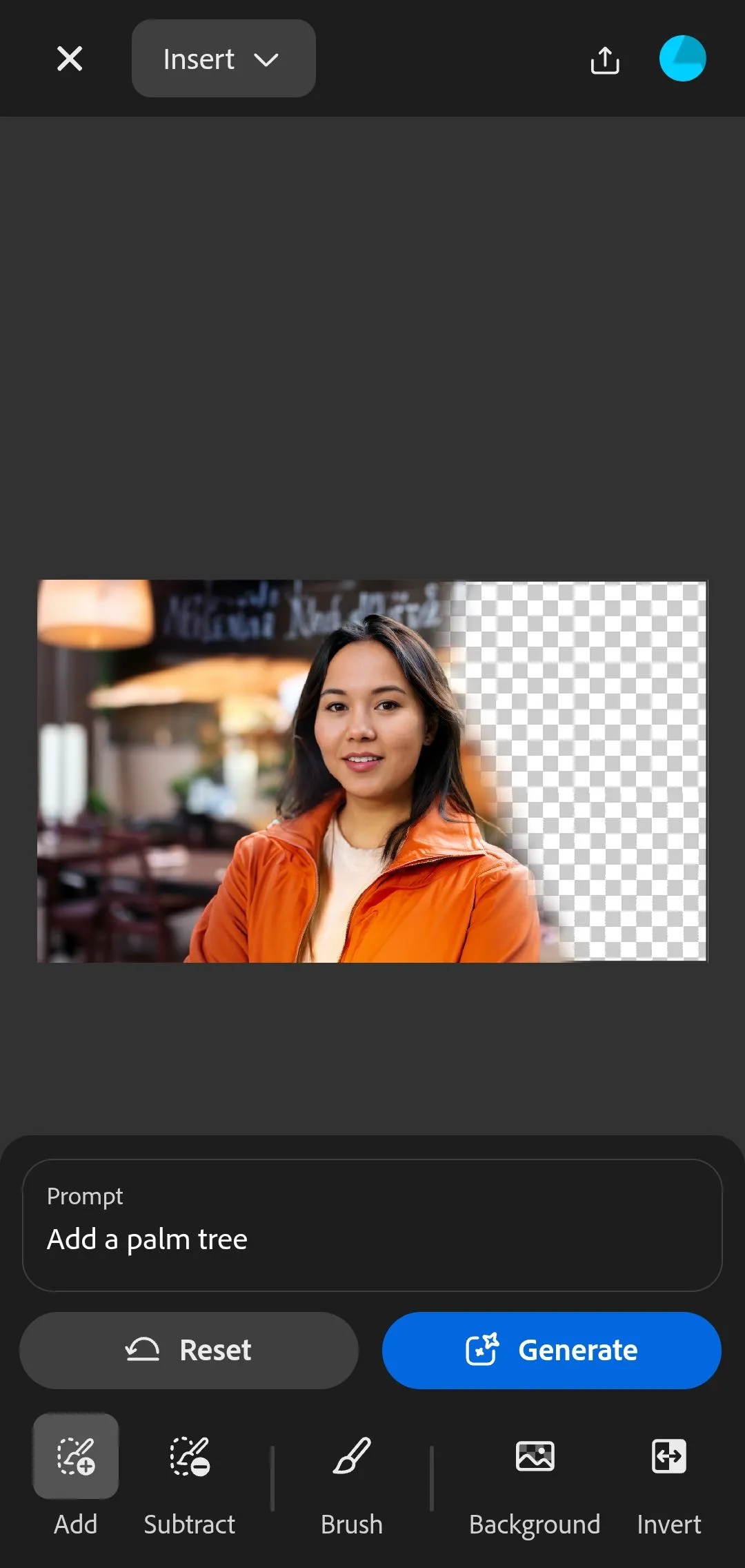 Giao diện nhập lệnh (prompt) của Generative Fill trên Adobe Firefly mobile
