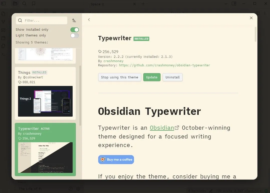 Giao diện Obsidian sau khi áp dụng theme Typewriter, mang phong cách cổ điển của máy đánh chữ với nền trắng và phông chữ đặc trưng