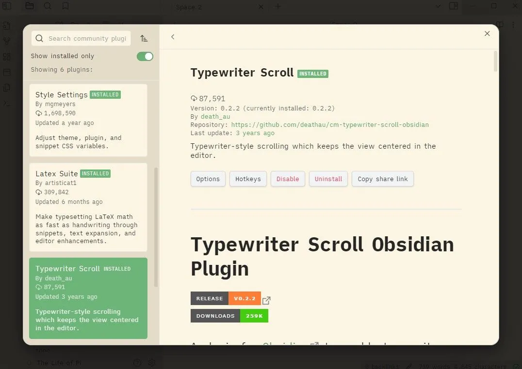 Giao diện Obsidian với plugin Typewriter Scroll đang hoạt động, giữ dòng viết hiện tại luôn ở giữa màn hình để tăng khả năng tập trung