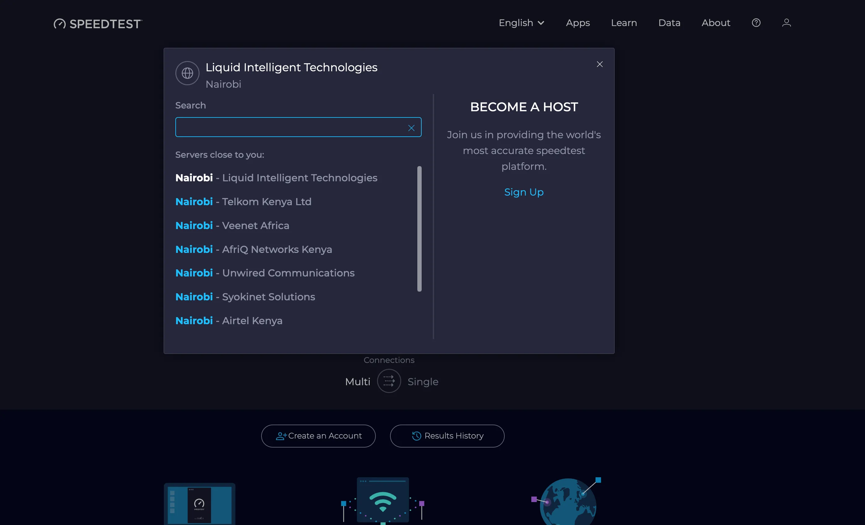 Giao diện Ookla Speedtest với tùy chọn chọn máy chủ test tốc độ mạng