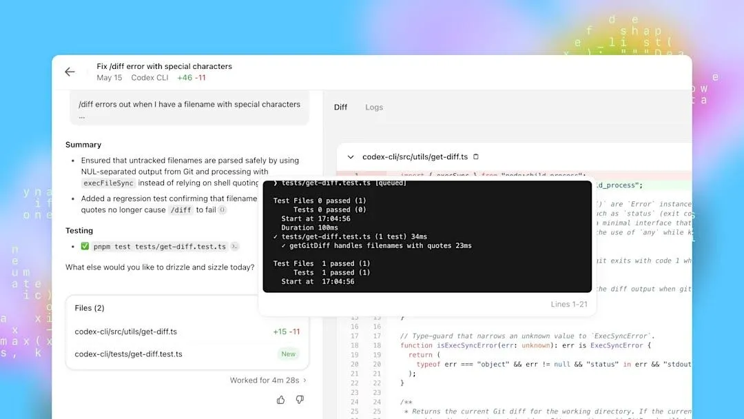 Giao diện OpenAI Codex đang chạy thử nghiệm và kiểm tra mã nguồn, minh họa cho khả năng lập trình nâng cao của AI