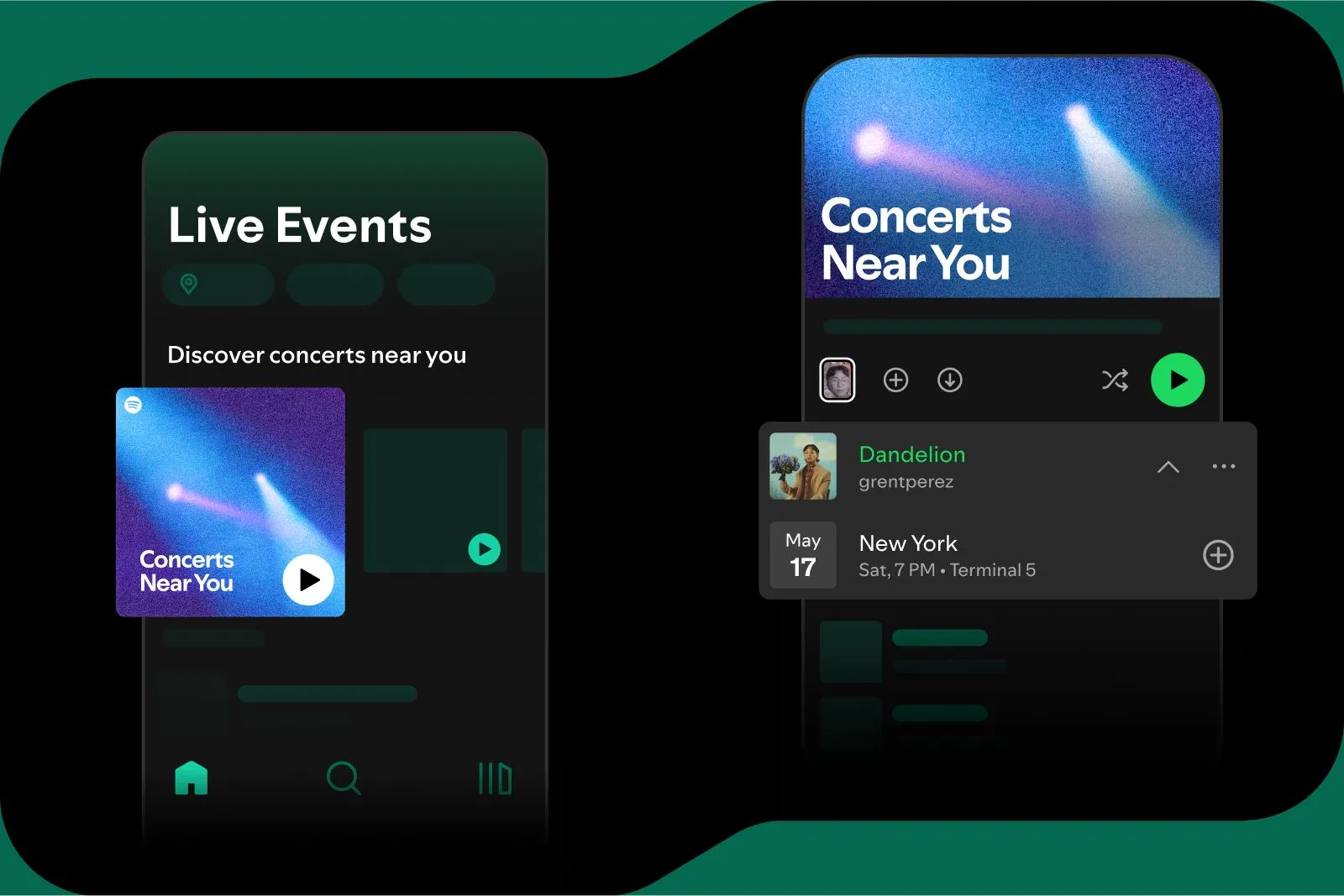Giao diện playlist "Concerts Near You" của Spotify hiển thị danh sách các buổi hòa nhạc sắp tới.