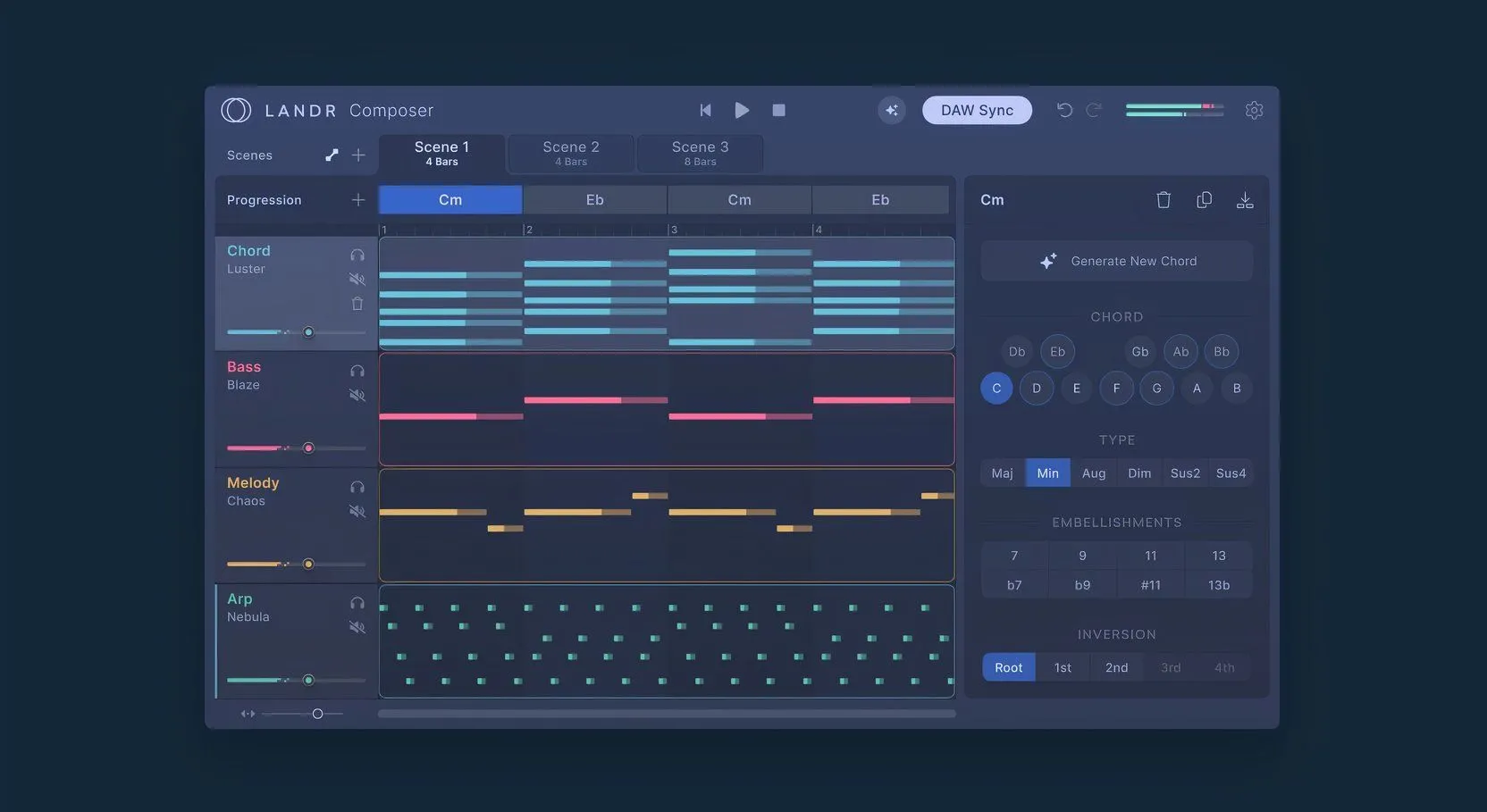 Giao diện plugin LANDR Composer với các thành phần bài hát