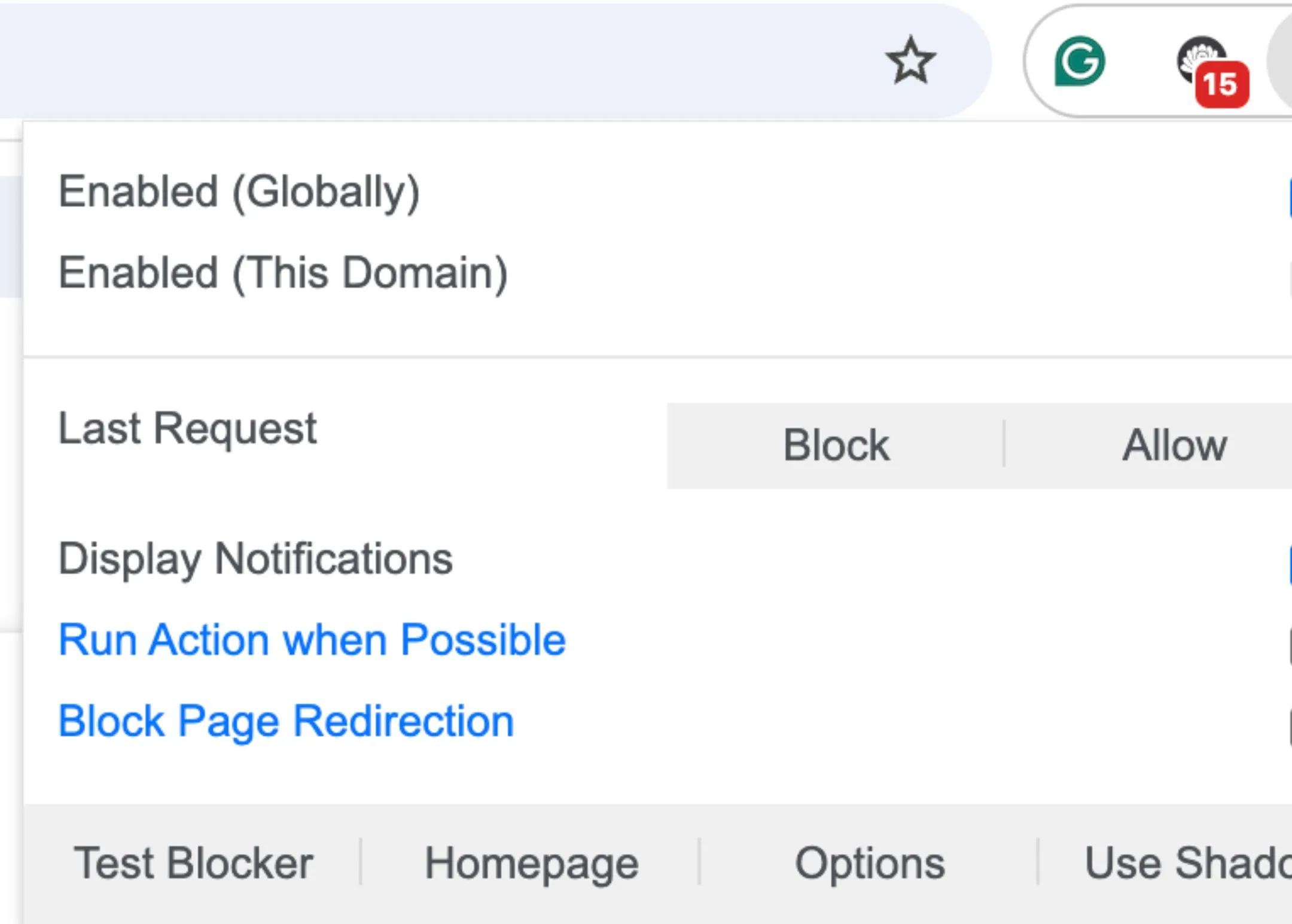 Giao diện Popup Blocker (Strict) trên Chrome hiển thị thông báo đã chặn cửa sổ pop-up.