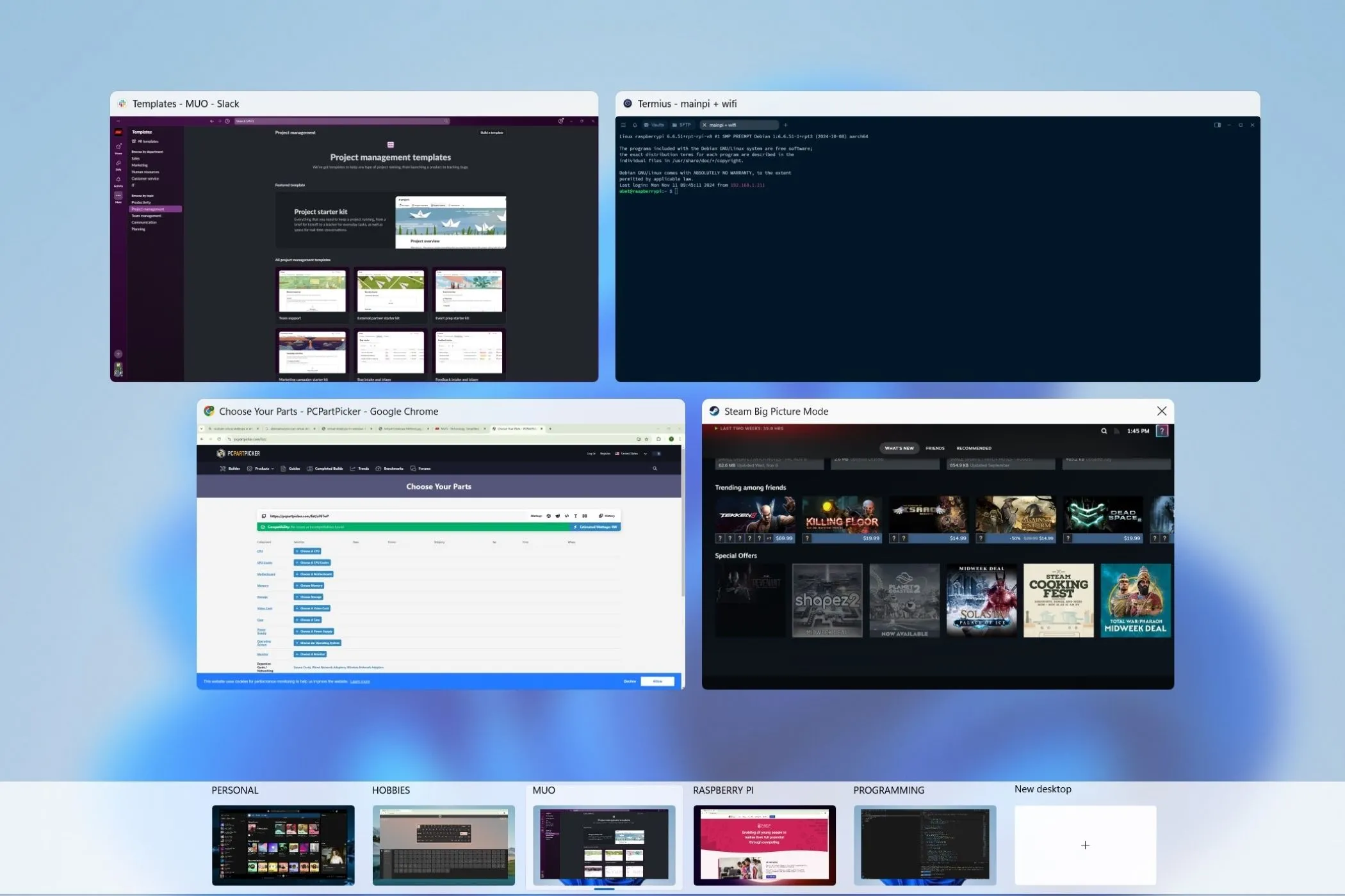 Giao diện quản lý các desktop ảo trên Windows 11, hiển thị nhiều không gian làm việc riêng biệt.
