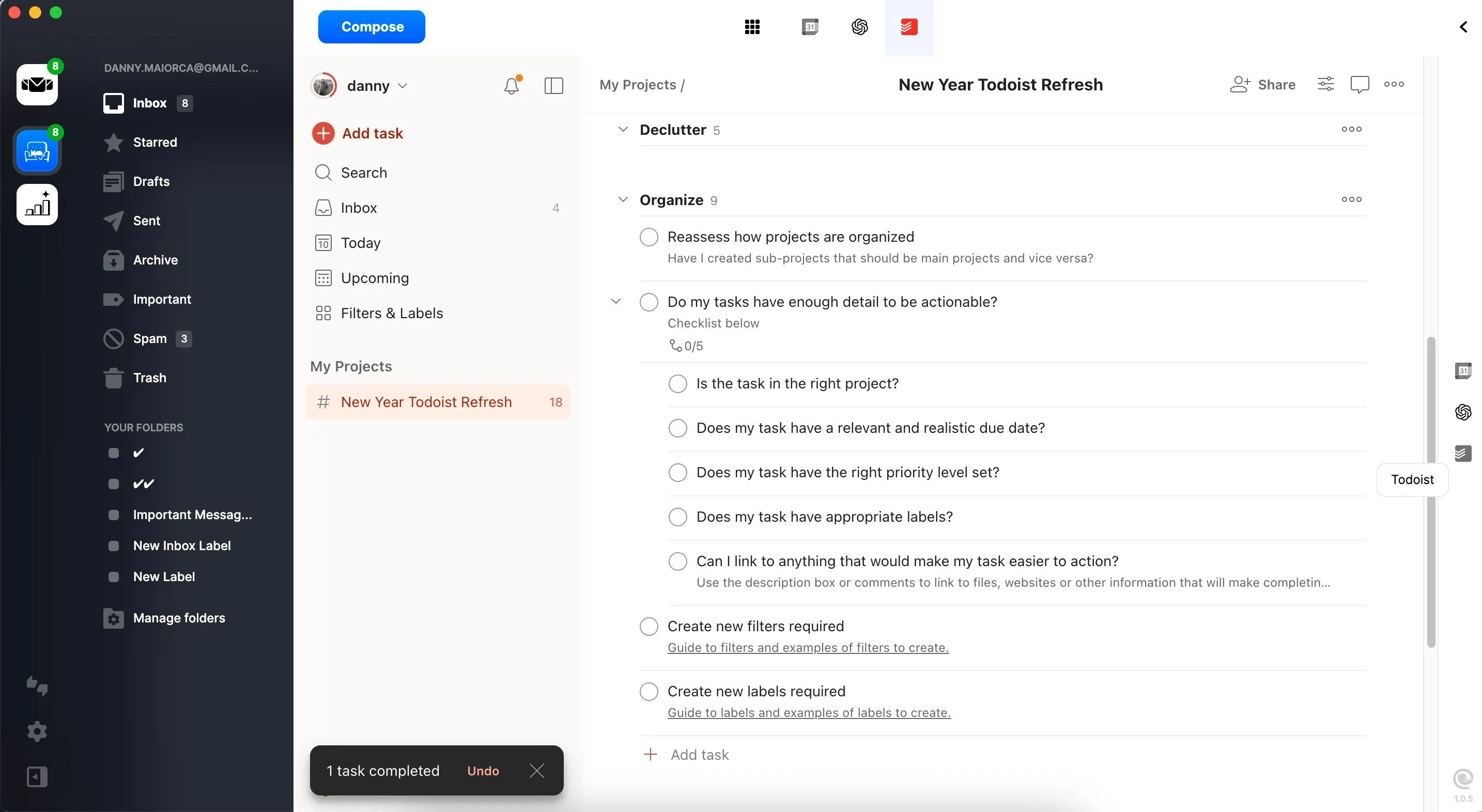 Giao diện quản lý công việc Todoist bên trong ứng dụng Mailbird.