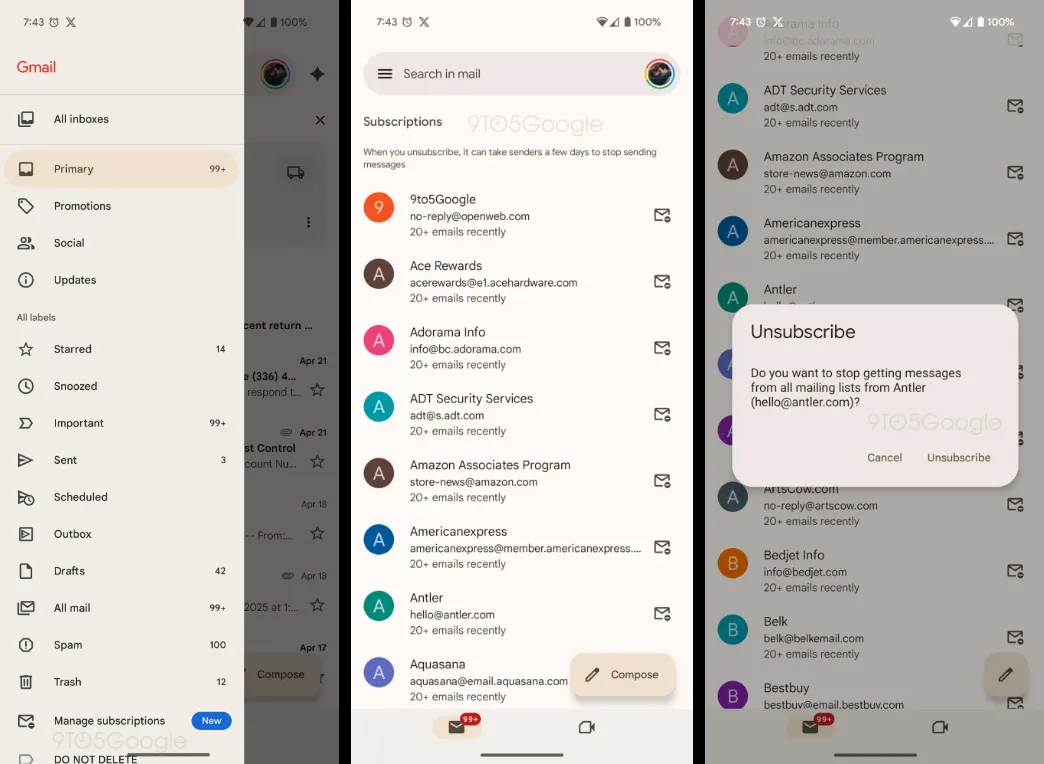 Giao diện quản lý đăng ký mới trong Gmail giúp người dùng dễ dàng hủy các bản tin không mong muốn trên Android