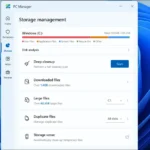 Giao diện quản lý lưu trữ của Microsoft PC Manager hiển thị phân tích ổ đĩa và các tùy chọn dọn dẹp tệp tin rác, tệp tải xuống, tệp lớn, tệp trùng lặp trên Windows.