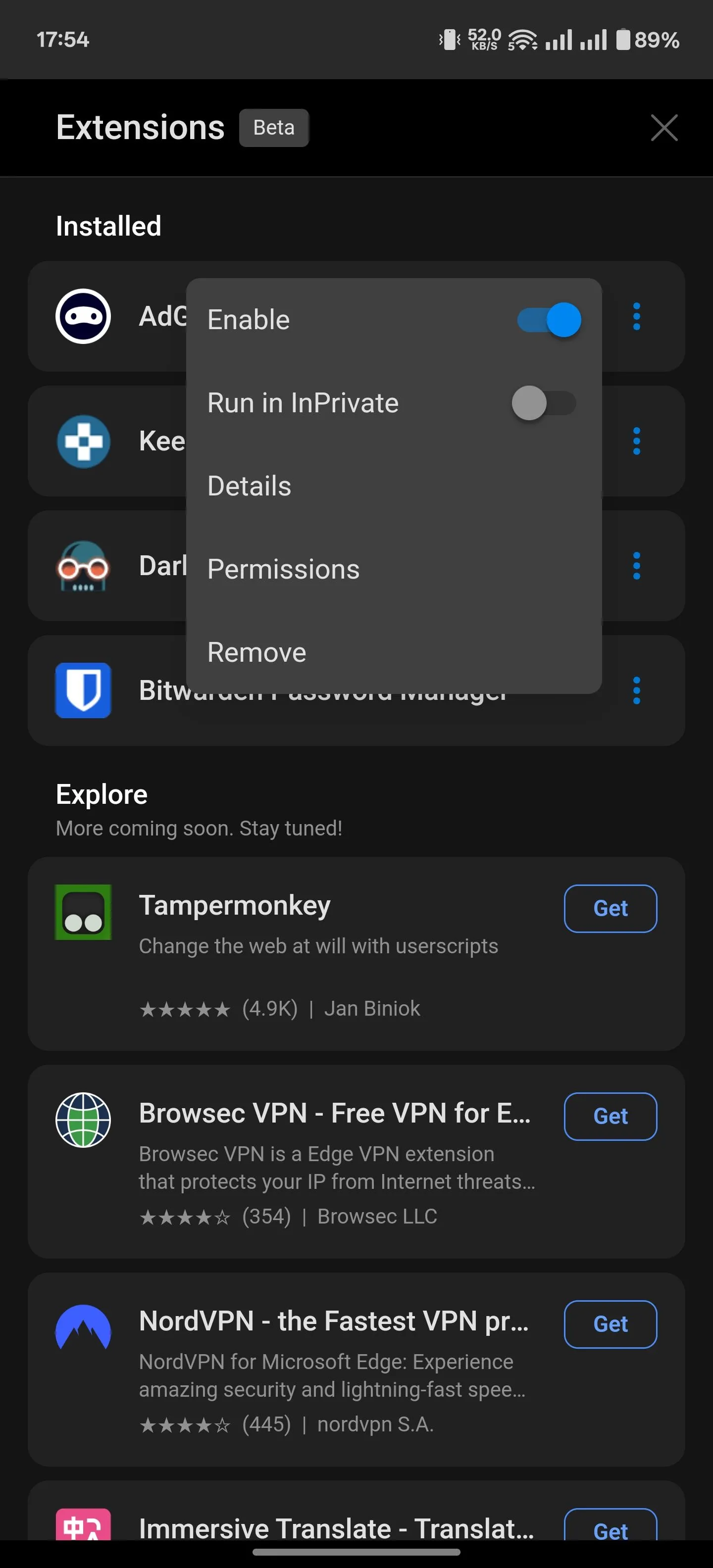 Giao diện quản lý tiện ích mở rộng đã cài đặt trên Microsoft Edge Android, hiển thị các tùy chọn như vô hiệu hóa hoặc gỡ bỏ tiện ích.