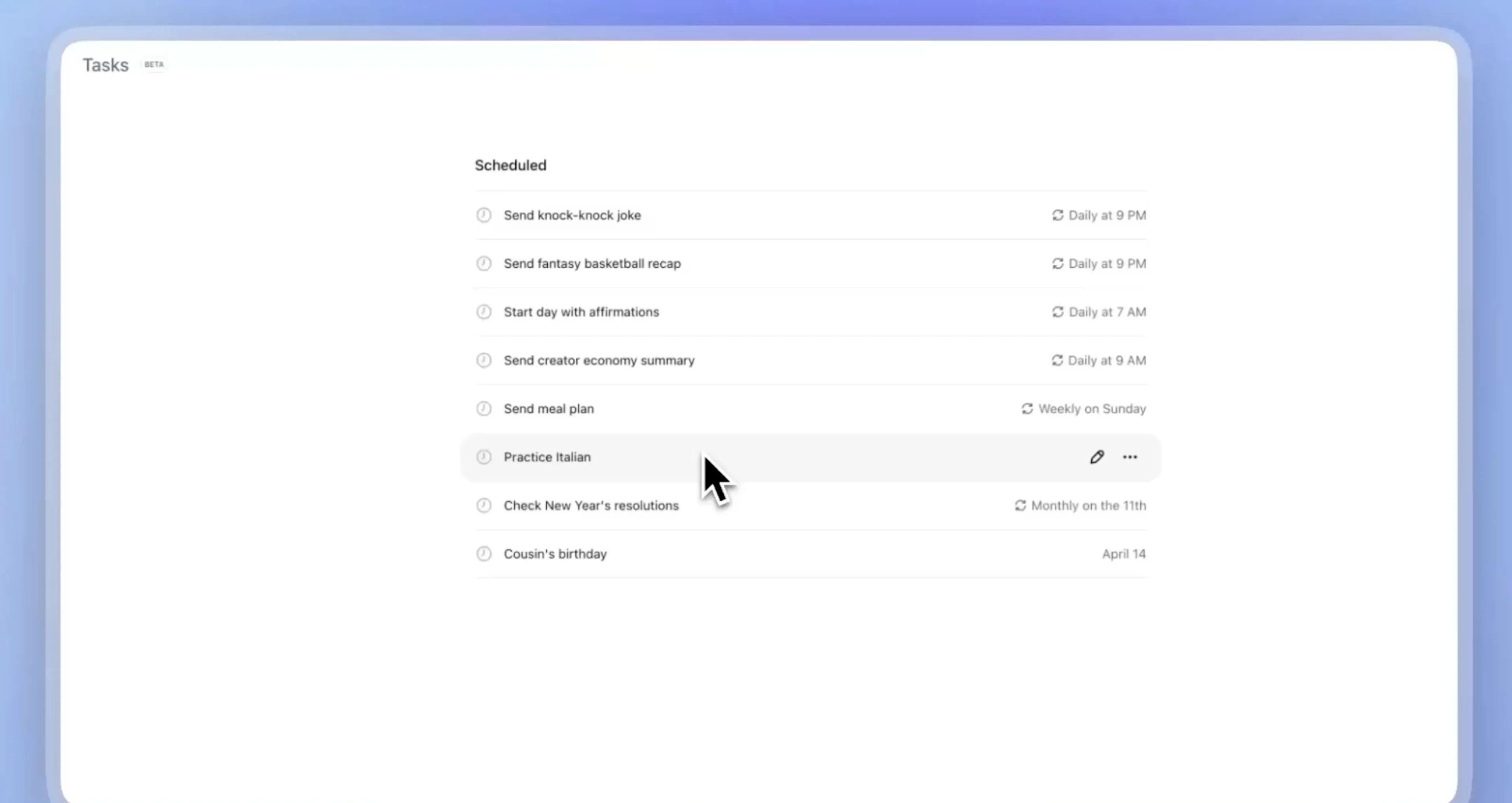 Giao diện quản lý tính năng Tasks mới của ChatGPT hiển thị các tác vụ và nhắc nhở đã được lên lịch.