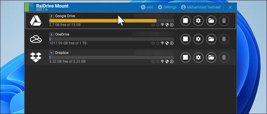 Giao diện RaiDrive hiển thị các ổ đĩa đám mây đã kết nối trên Windows 11