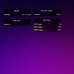 Giao diện Rainmeter mặc định với skin Illustro hiển thị đồng hồ, thông tin CPU, RAM