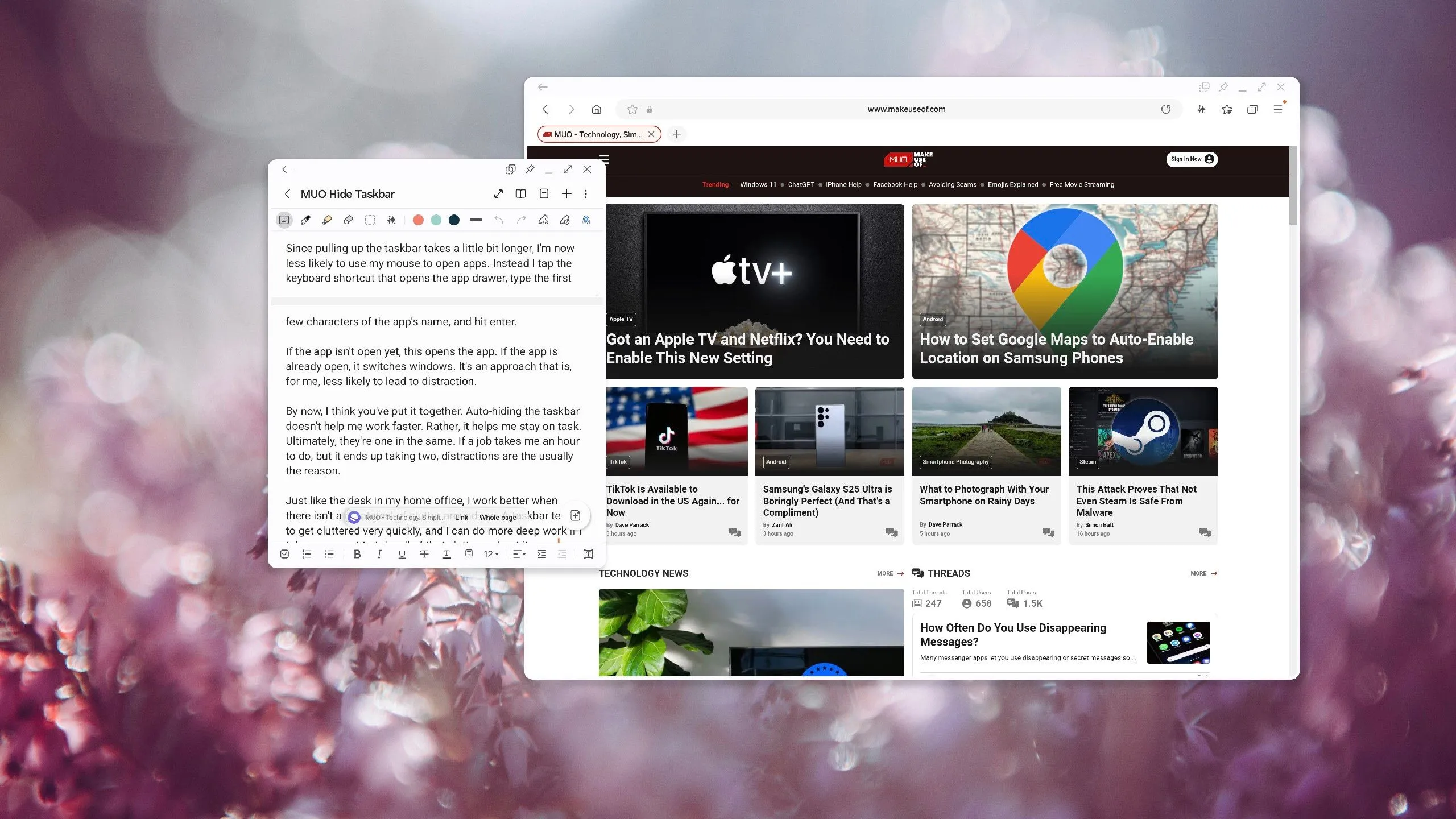 Giao diện Samsung DeX hiển thị ứng dụng Samsung Notes và Samsung Internet trên màn hình ngoài, minh họa khả năng làm việc đa nhiệm.