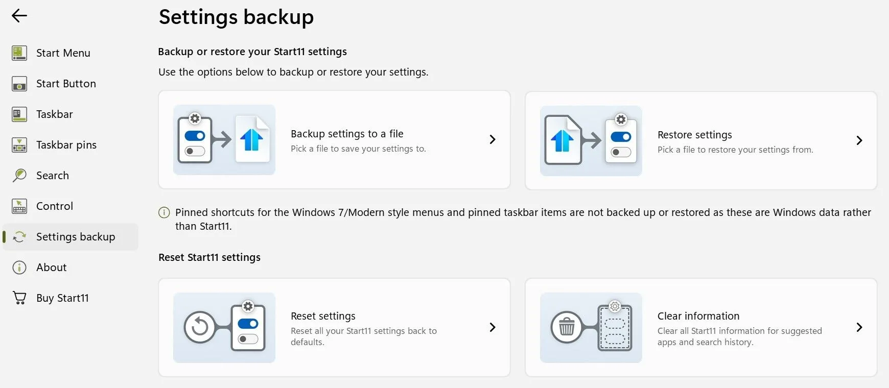 Giao diện sao lưu cài đặt Start11, cho phép người dùng dễ dàng bảo vệ cấu hình tùy chỉnh Windows 11 của mình.