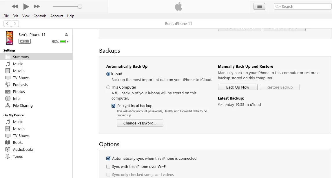 Giao diện sao lưu iPhone vào iTunes