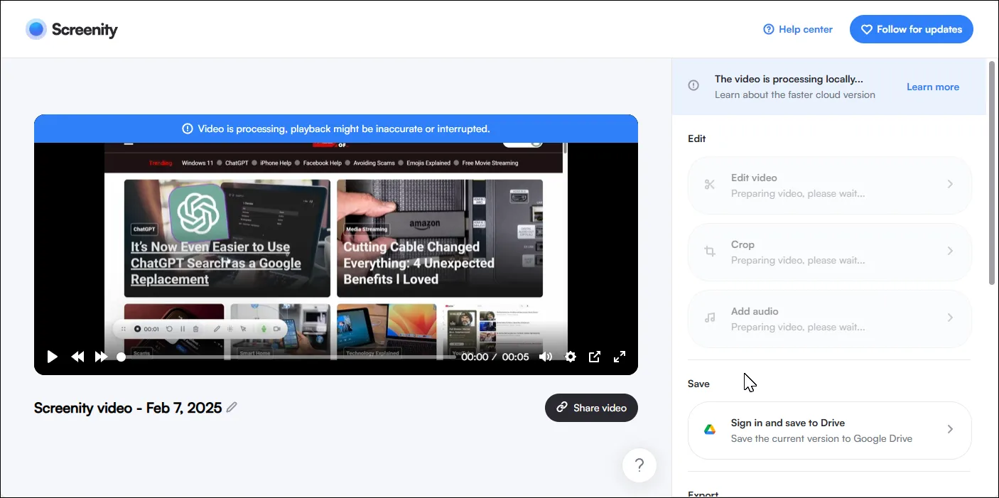 Giao diện Screenity hiển thị màn hình đang được ghi lại với các công cụ chú thích và cài đặt bổ sung