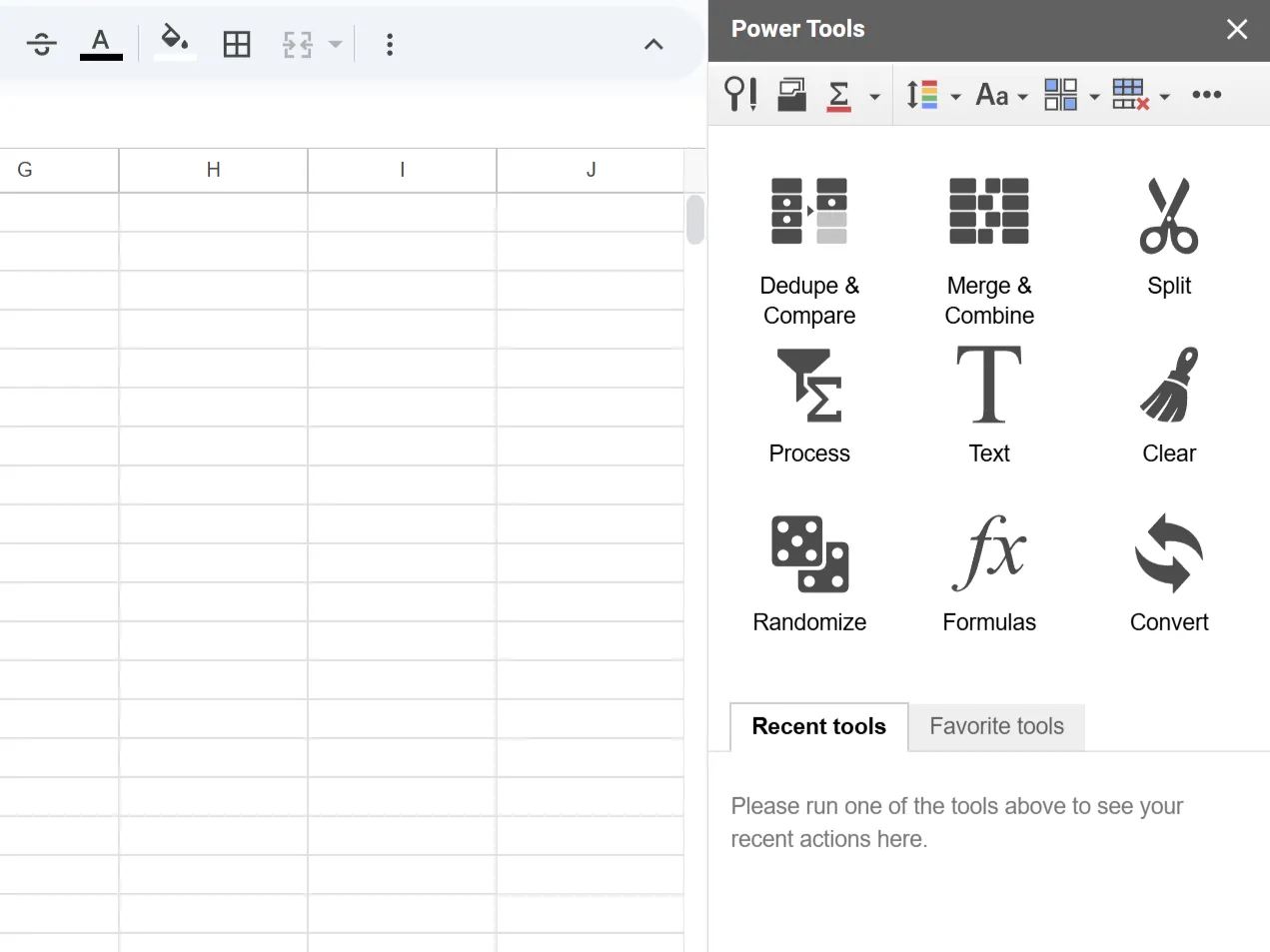 Giao diện sidebar của Power Tools trong Google Sheets