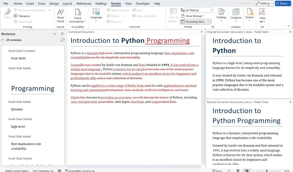 Giao diện so sánh hai tài liệu Word về Python