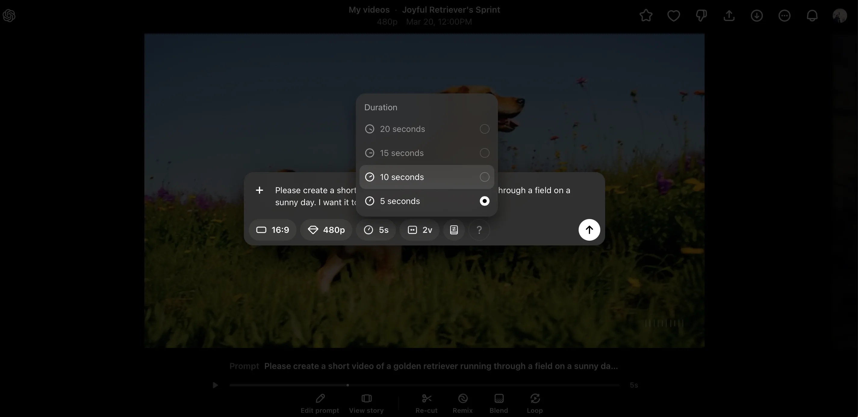 Giao diện Sora hiển thị tùy chọn điều chỉnh thời lượng video, giúp người dùng lựa chọn giữa 5 và 10 giây để tiết kiệm credit