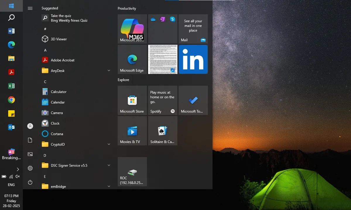 Giao diện Start Menu Windows 10 và thanh Taskbar được di chuyển sang bên trái, thể hiện tính linh hoạt trong tùy chỉnh.