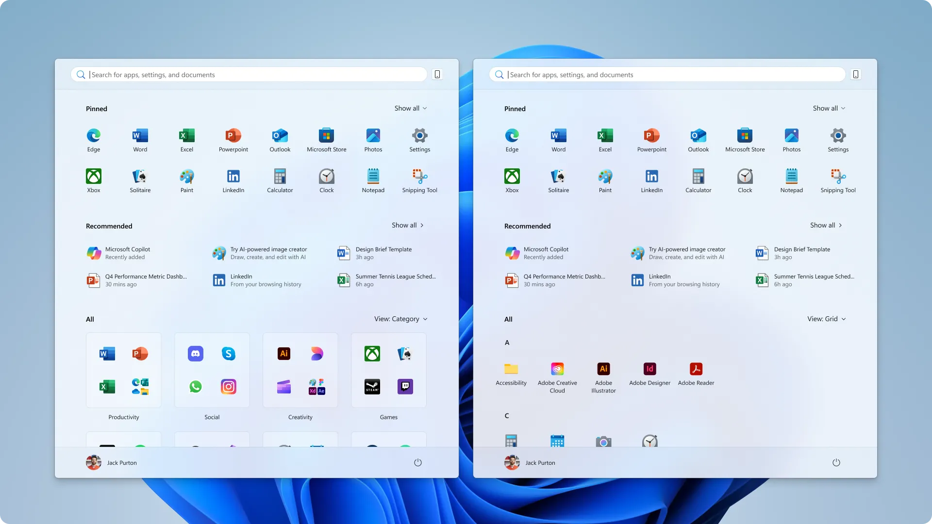 Giao diện Start Menu Windows 11 mới với tùy chọn bố cục theo Danh mục (Category) và Lưới (Grid)